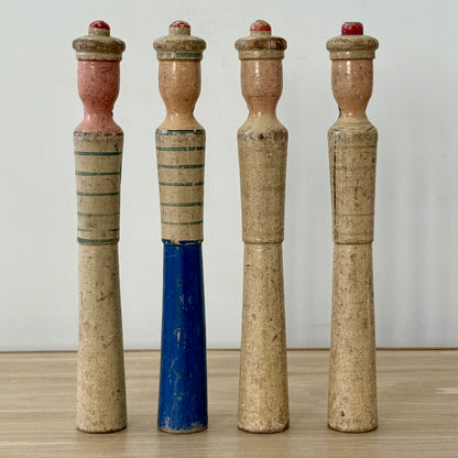 Vintage Wooden Sailor Skittles Pins Four Figures Hand Painted Folk Toy 24cm