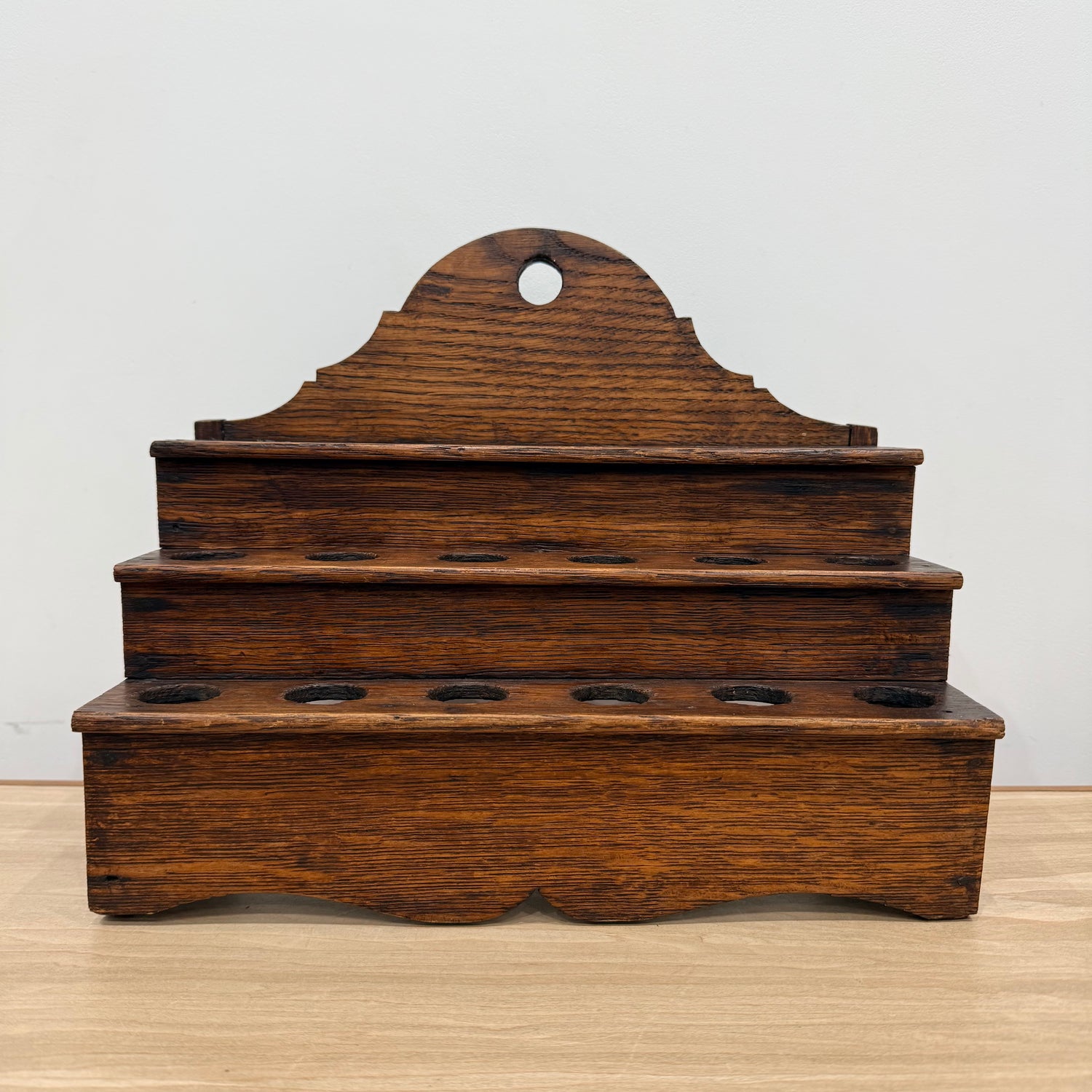 Antique Welsh Cawl Spoon Rack Oak Treen 3 Tier Peg Wall Shelf