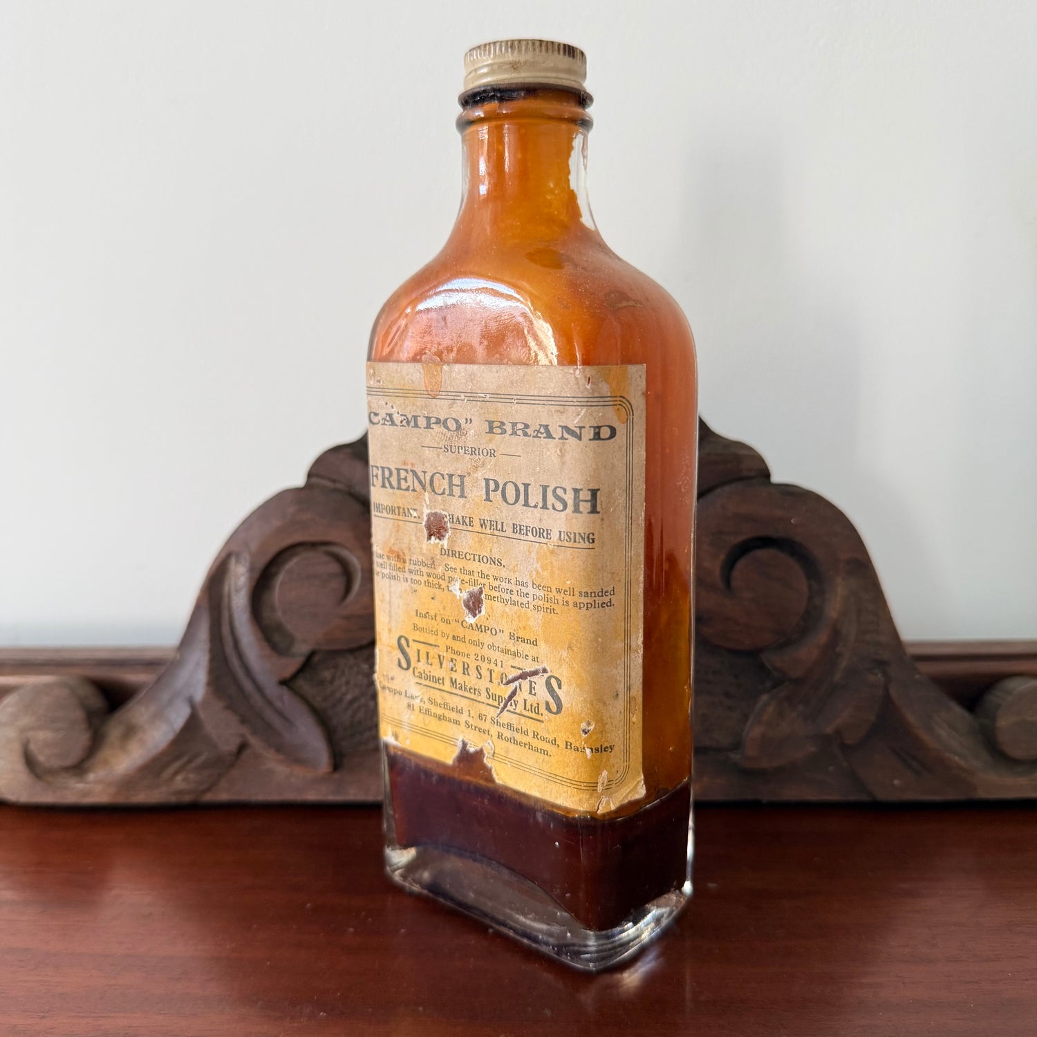 Vintage Campo French Polish Bottle Silverstones Cabinet Makers Sheffield