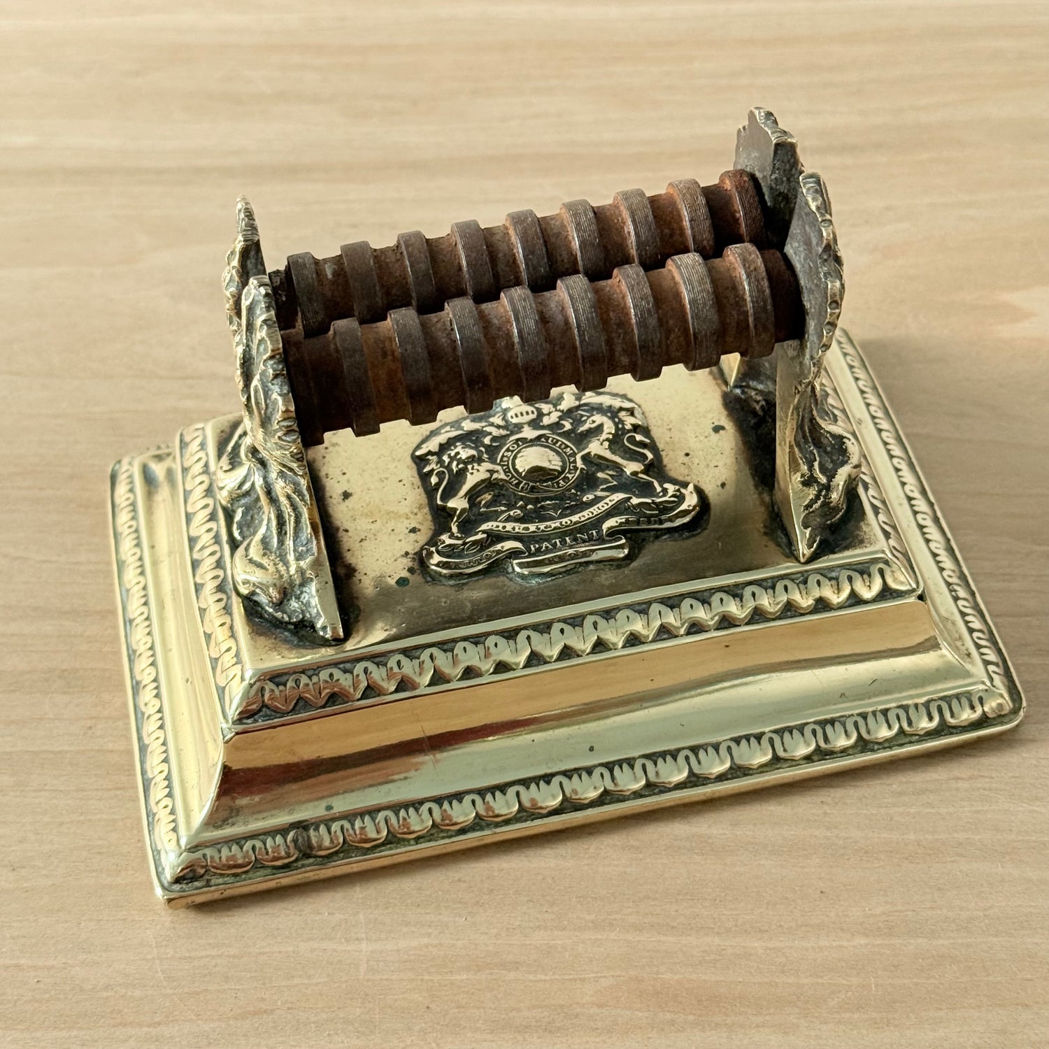 Victorian Brass Knife Sharpener with Twin Oak Rollers and Heraldic Crest