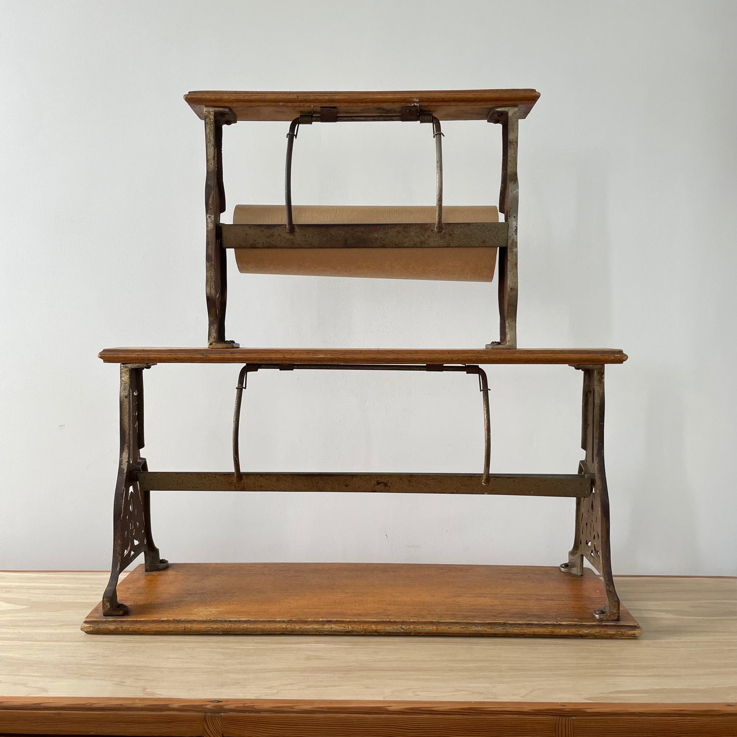 Antique Victorian Twin Roll Dispenser Stand – Cast Iron &amp; Oak, c.1890s