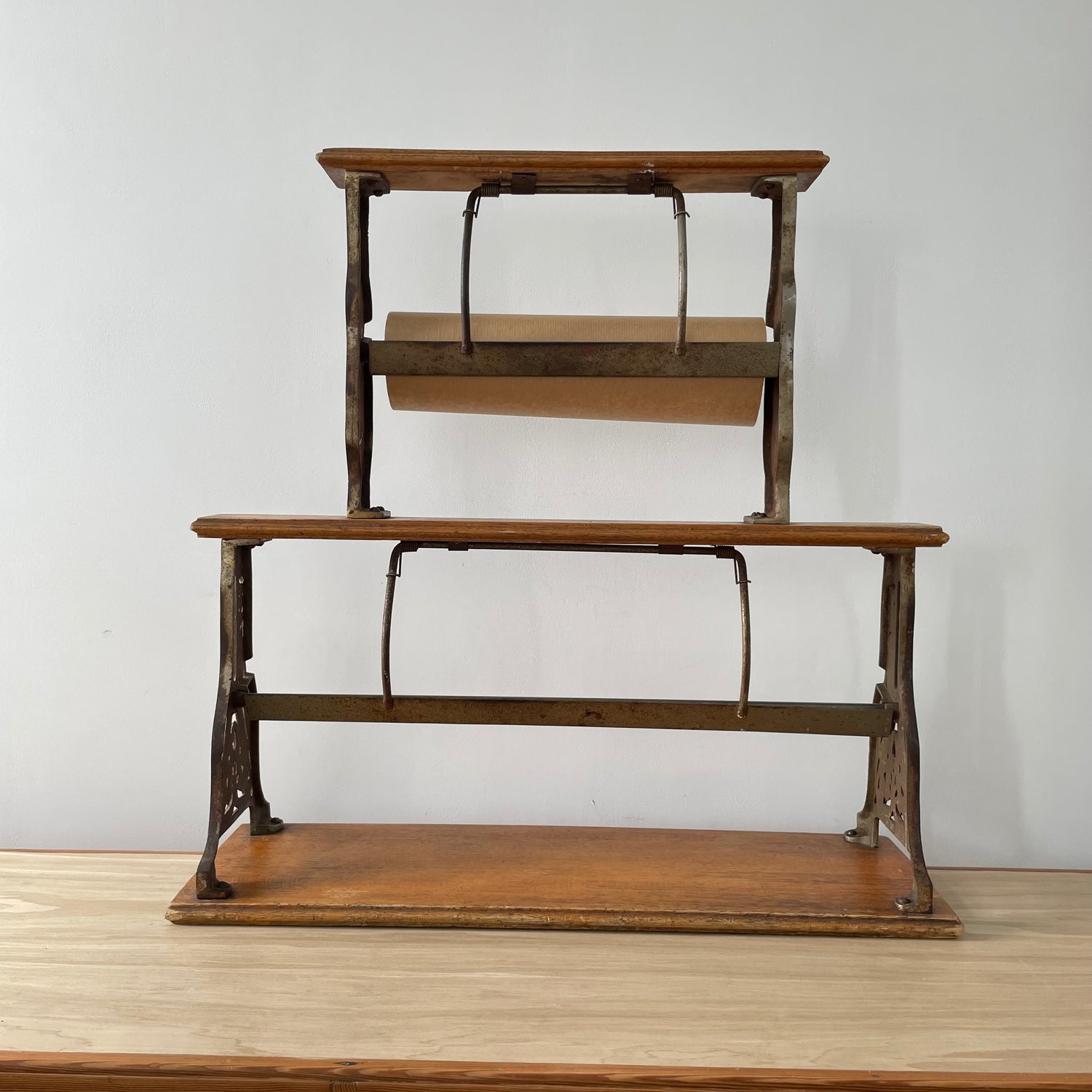 Antique Victorian Twin Roll Dispenser Stand – Cast Iron &amp; Oak, c.1890s