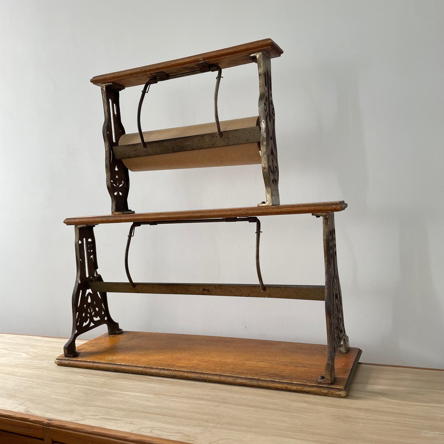 Antique Victorian Twin Roll Dispenser Stand – Cast Iron &amp; Oak, c.1890s