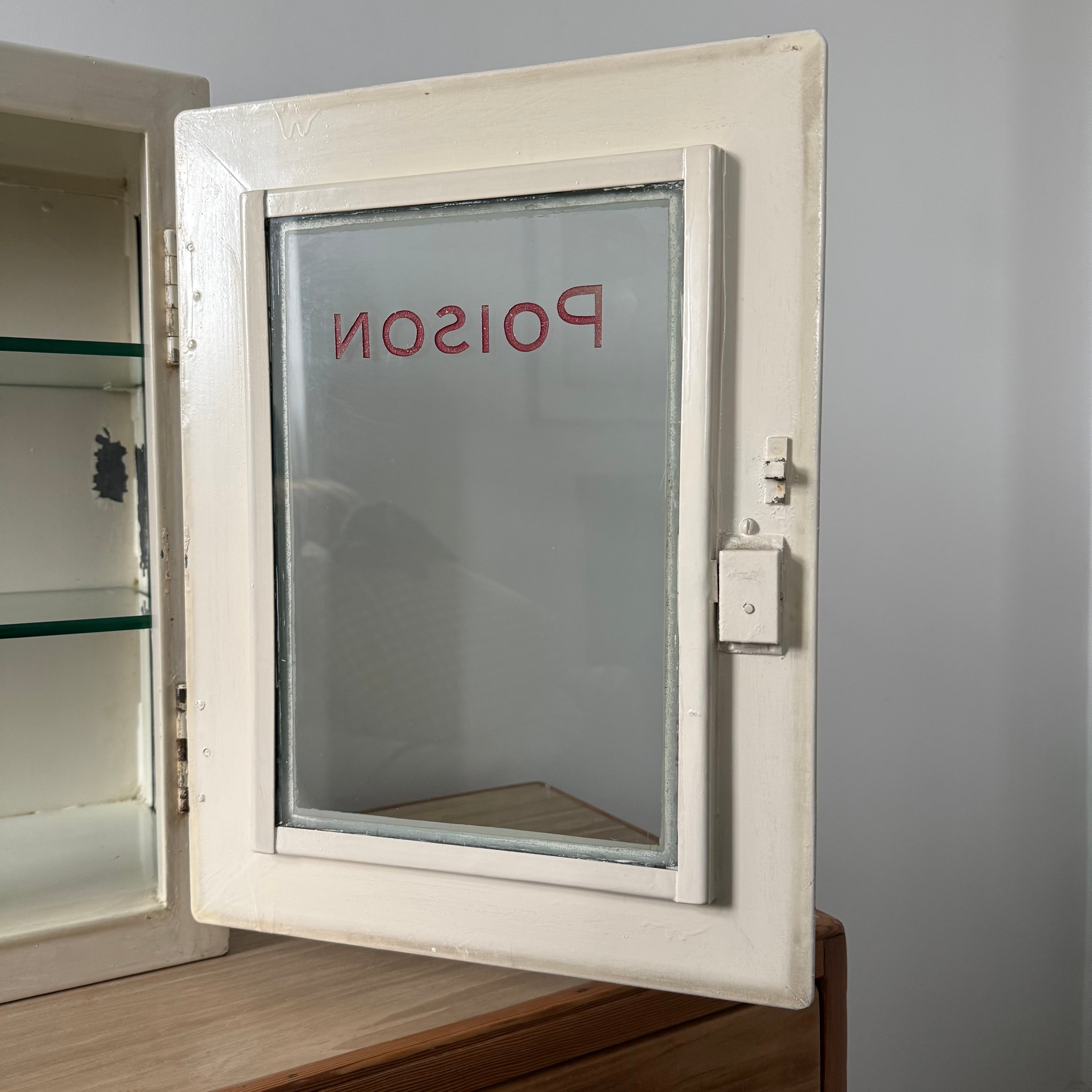 Antique Painted Metal Poison Cabinet with Etched Glass, Shelves &amp; Key – Early 20th Century