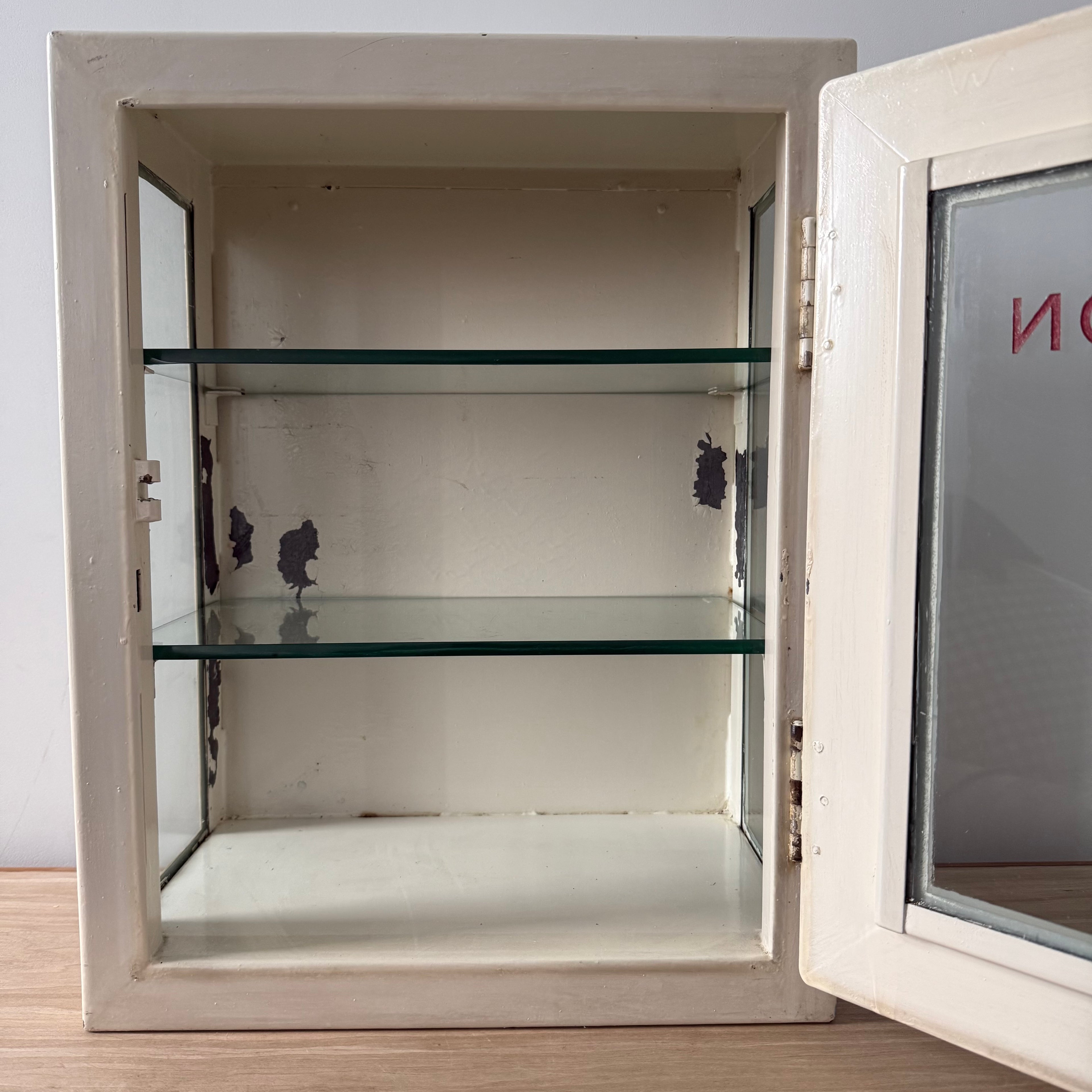 Antique Painted Metal Poison Cabinet with Etched Glass, Shelves &amp; Key – Early 20th Century