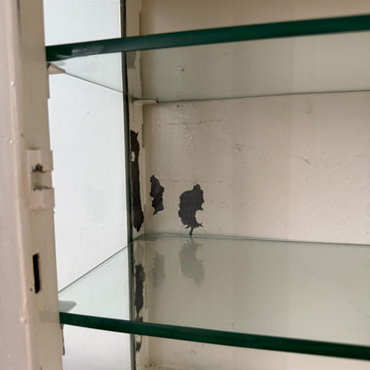 Antique Painted Metal Poison Cabinet with Etched Glass, Shelves &amp; Key – Early 20th Century