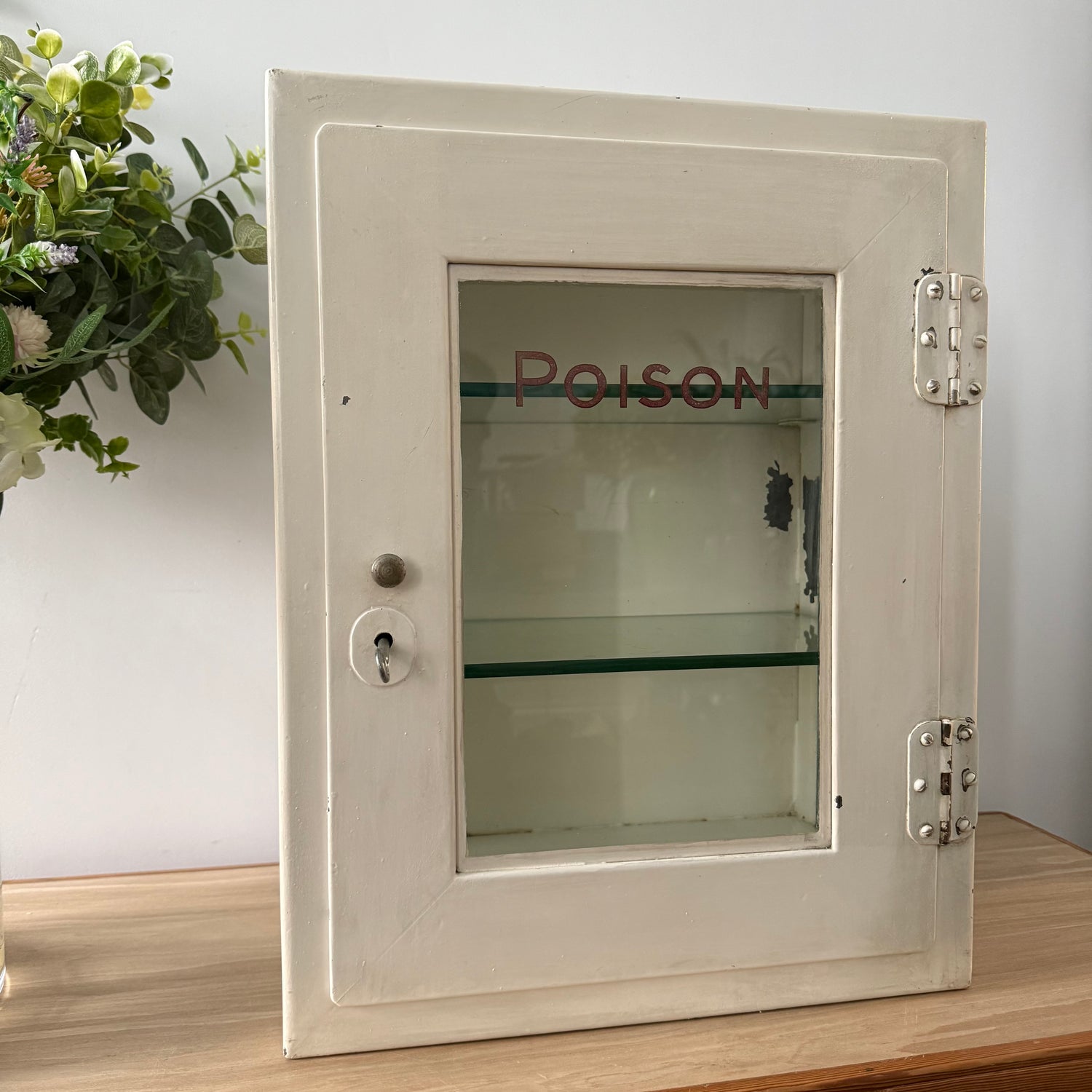 Antique Painted Metal Poison Cabinet with Etched Glass, Shelves &amp; Key – Early 20th Century