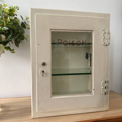 Antique Painted Metal Poison Cabinet with Etched Glass, Shelves &amp; Key – Early 20th Century