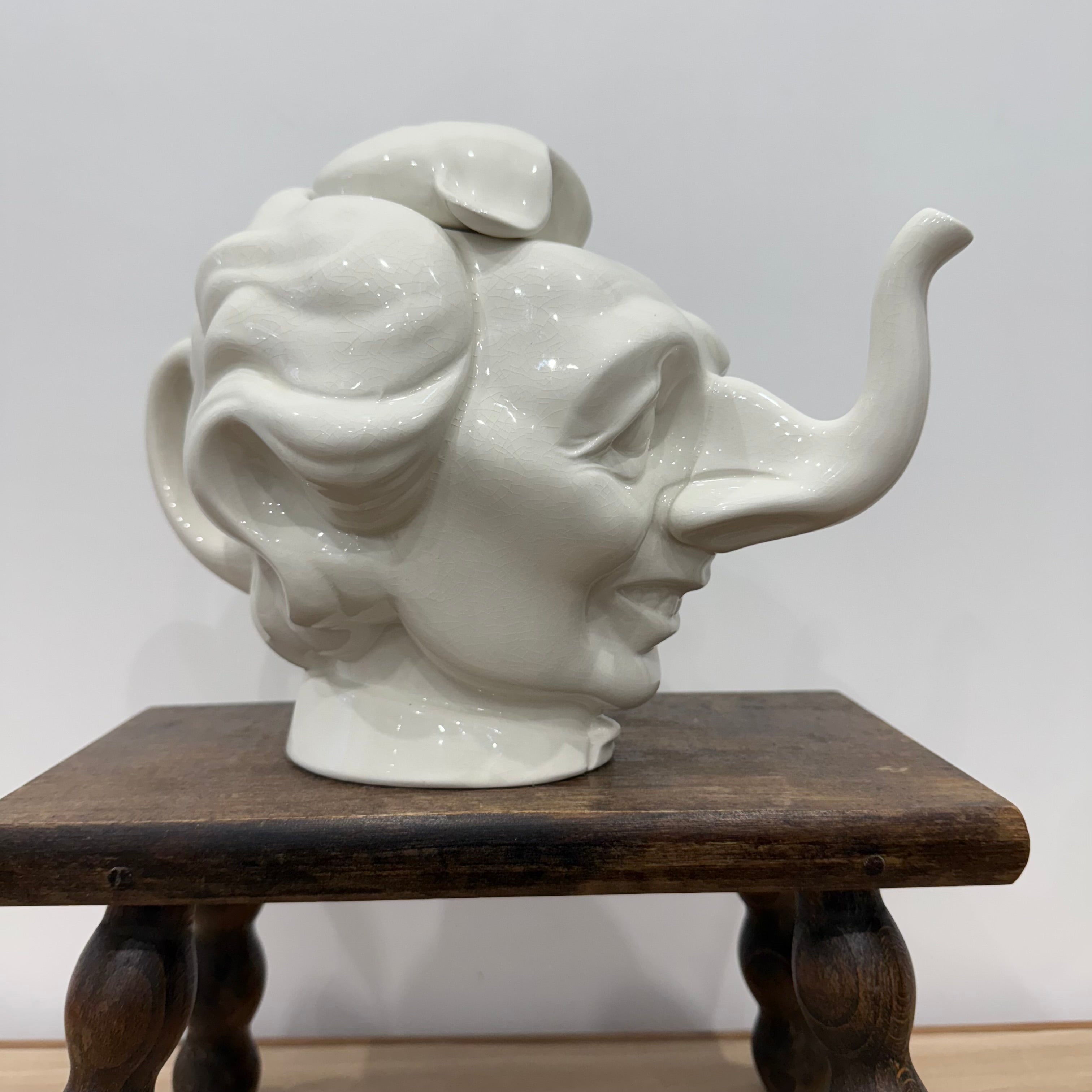 Luck &amp; Flaw Spitting Image Margaret Thatcher Elephant Teapot Crackle Glaze