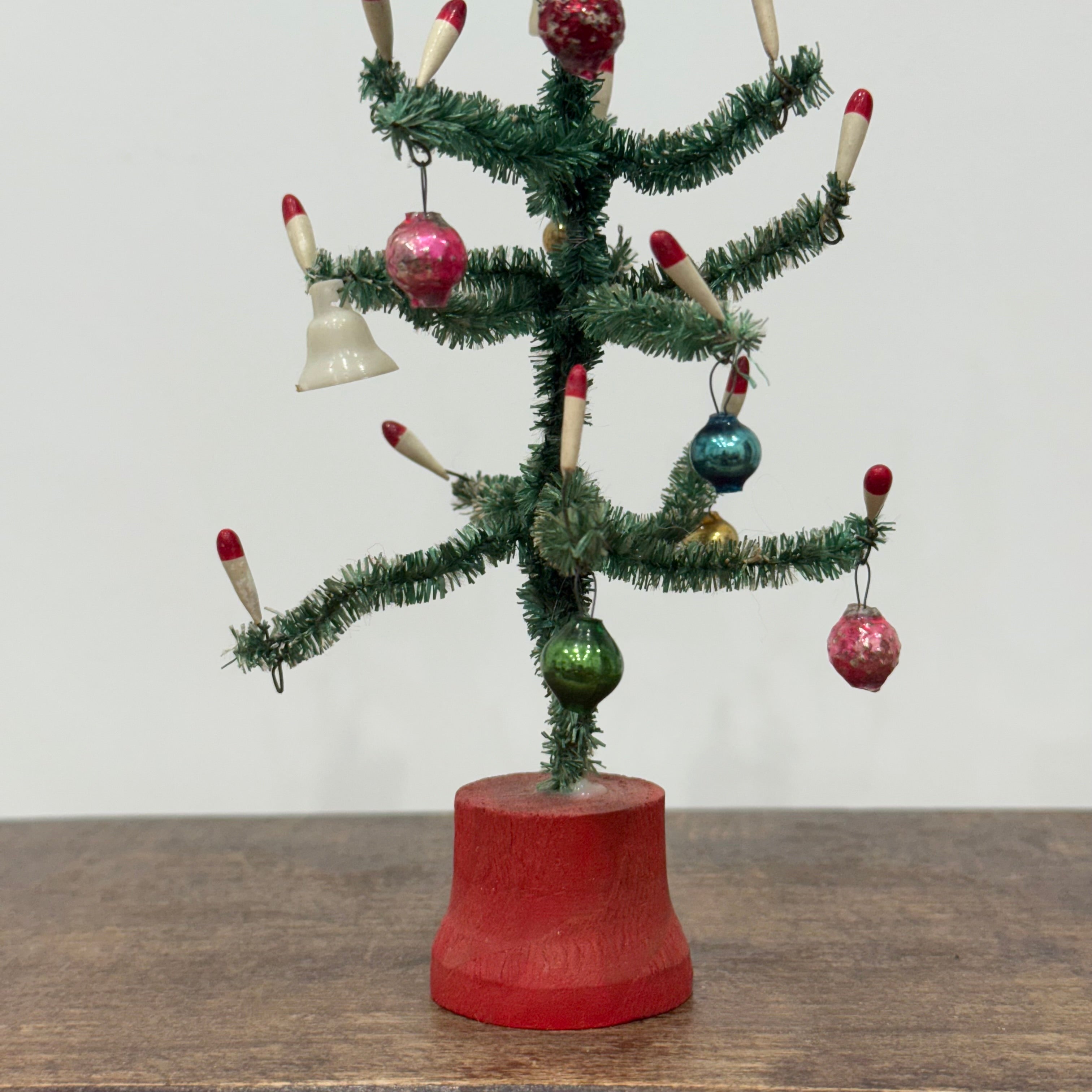 Vintage 1950s Bottle Brush Christmas Tree with Baubles – “Foreign” Marked