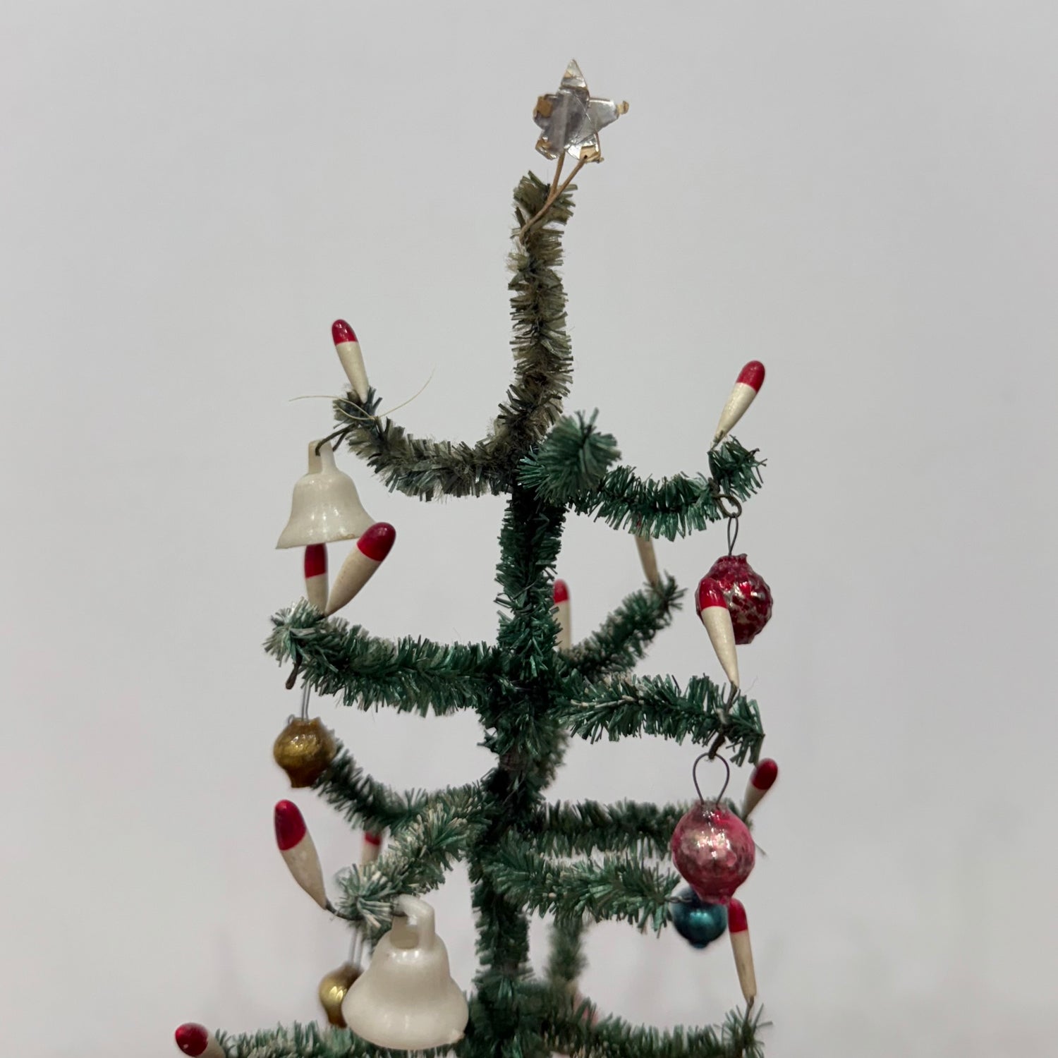 Vintage 1950s Bottle Brush Christmas Tree with Baubles – “Foreign” Marked