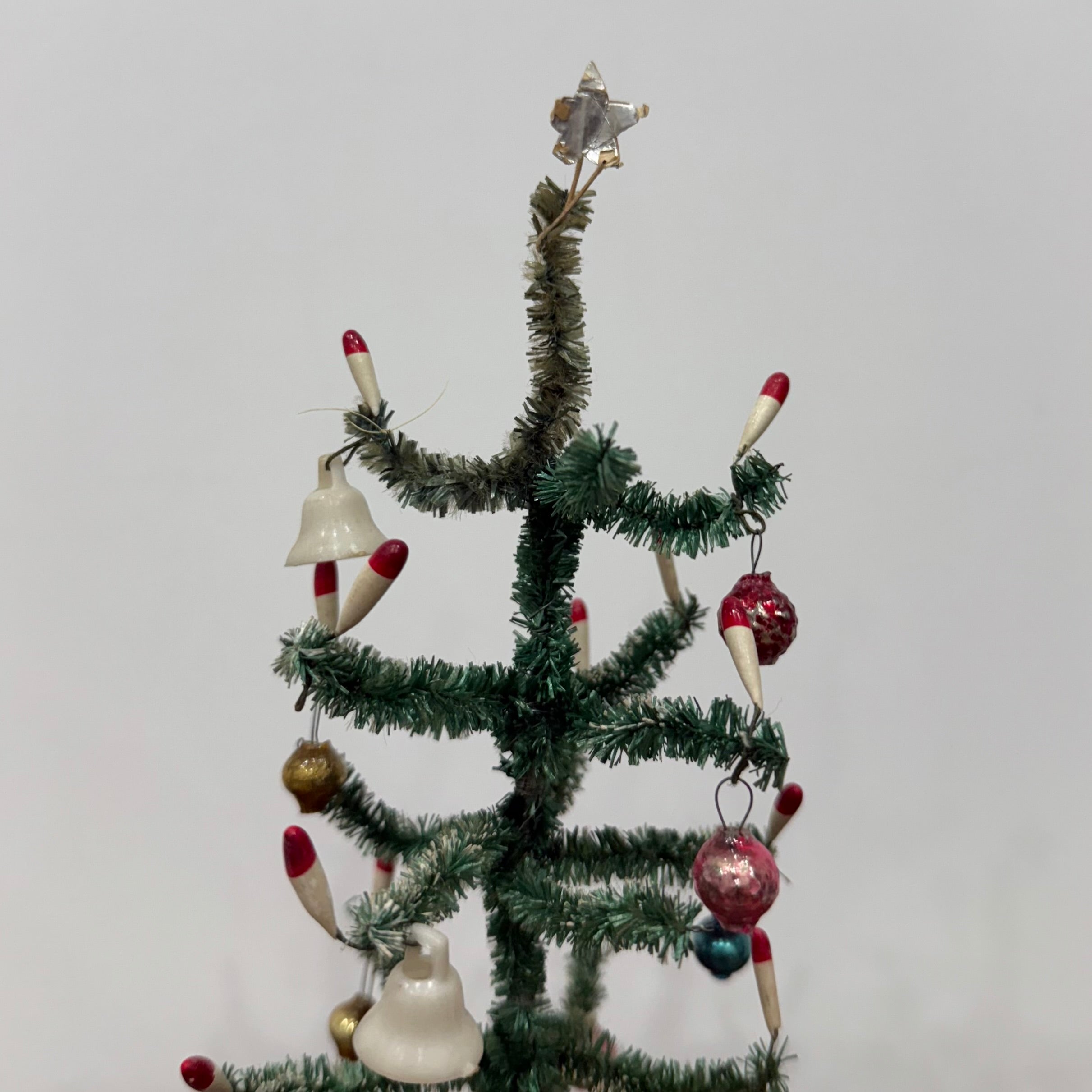 Vintage 1950s Bottle Brush Christmas Tree with Baubles – “Foreign” Marked
