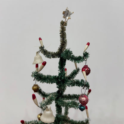 Vintage 1950s Bottle Brush Christmas Tree with Baubles – “Foreign” Marked