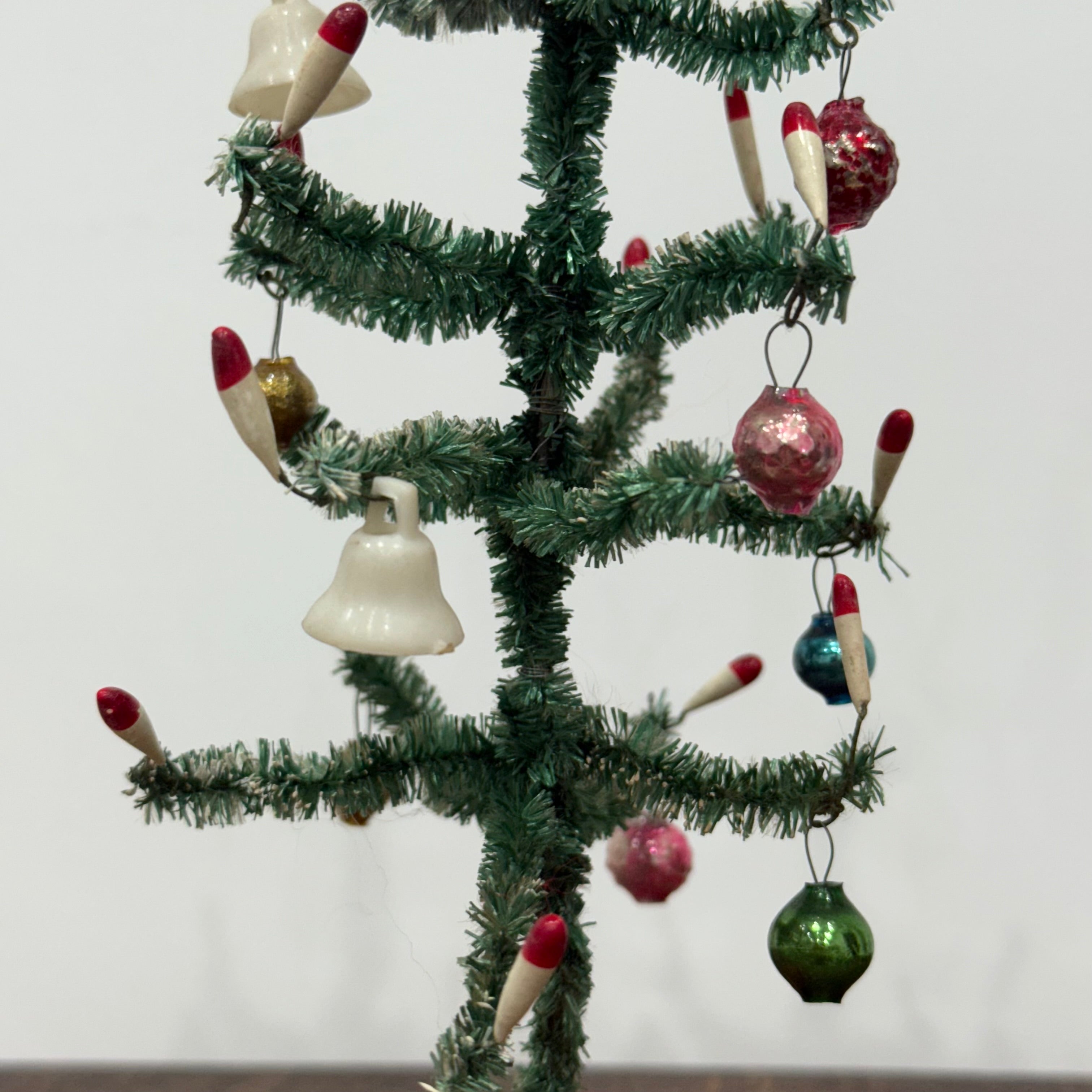 Vintage 1950s Bottle Brush Christmas Tree with Baubles – “Foreign” Marked