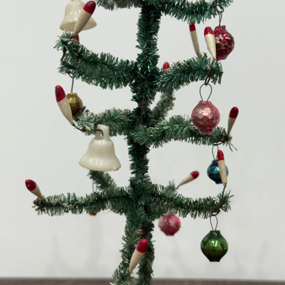 Vintage 1950s Bottle Brush Christmas Tree with Baubles – “Foreign” Marked