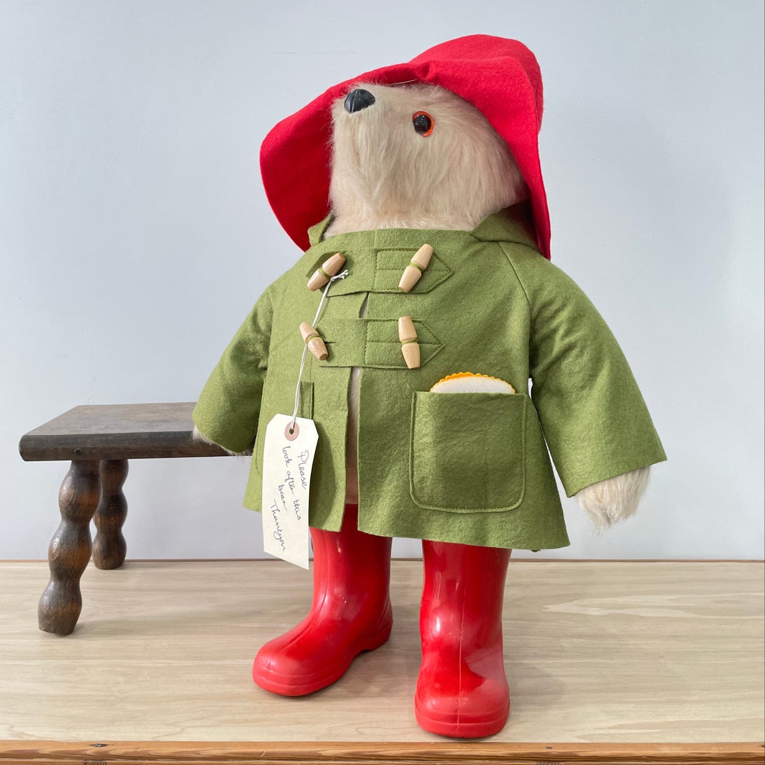 1972 Gabrielle Designs Paddington Bear – 18&quot; – Olive Duffle Coat, Red Hat, Red Boots