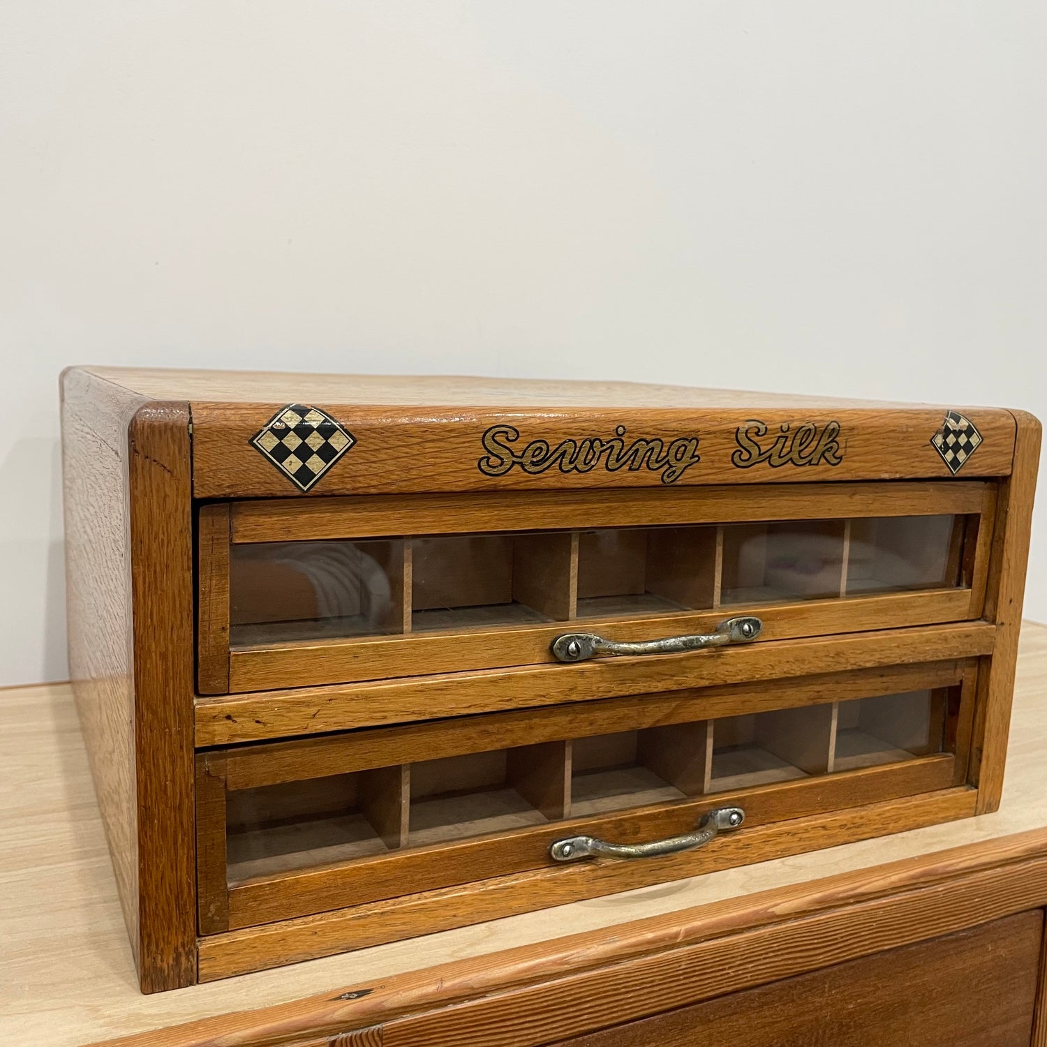 Vintage Oak Haberdashery “Sewing Silk” Cabinet – Two-Drawer Counter Display