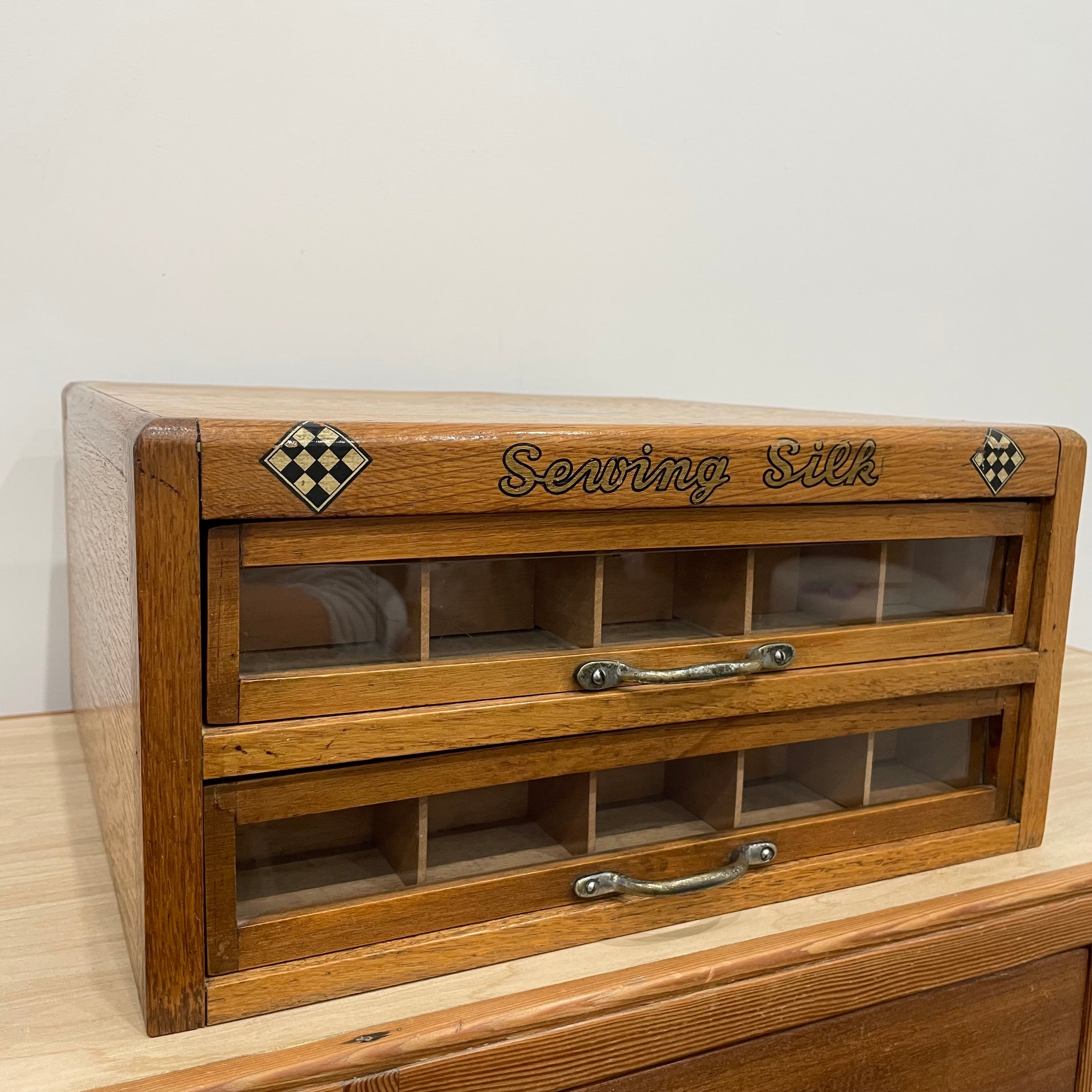 Vintage Oak Haberdashery “Sewing Silk” Cabinet – Two-Drawer Counter Display