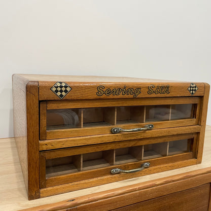Vintage Oak Haberdashery “Sewing Silk” Cabinet – Two-Drawer Counter Display