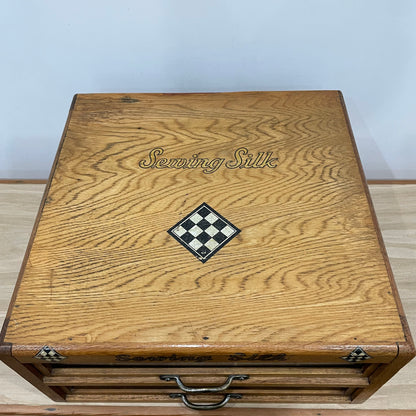 Vintage Oak Haberdashery “Sewing Silk” Cabinet – Two-Drawer Counter Display