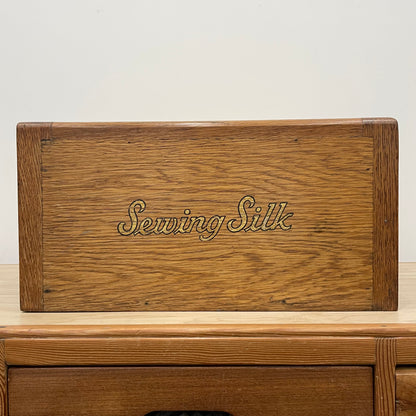 Vintage Oak Haberdashery “Sewing Silk” Cabinet – Two-Drawer Counter Display
