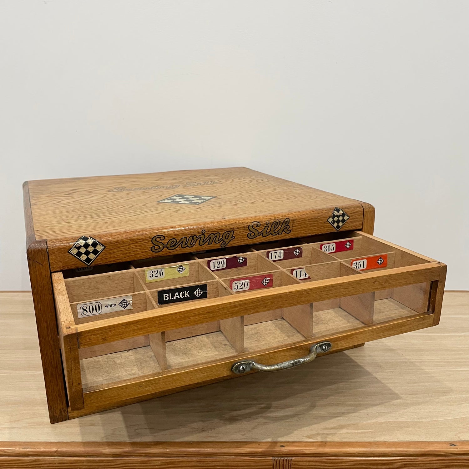 Vintage Oak Haberdashery “Sewing Silk” Cabinet – Two-Drawer Counter Display