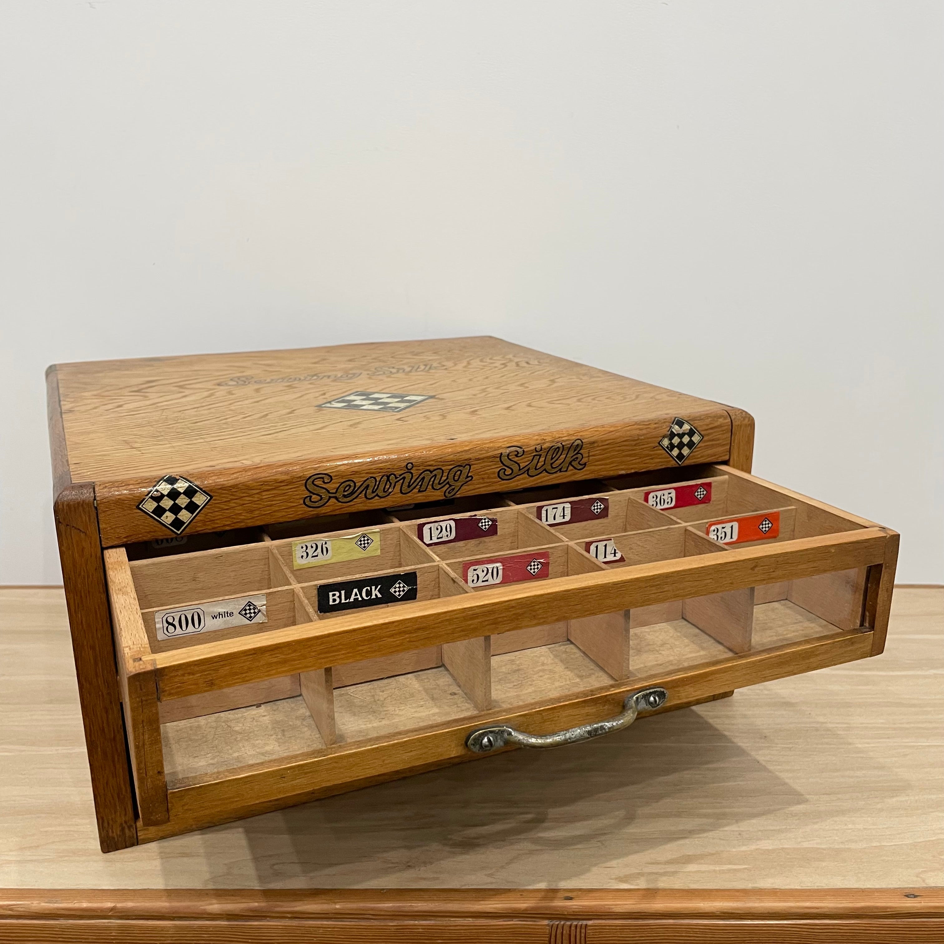 Vintage Oak Haberdashery “Sewing Silk” Cabinet – Two-Drawer Counter Display