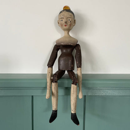 19th Century Grodnertal Tuck Comb Wooden Doll – Hand-Painted Peg Wooden Doll
