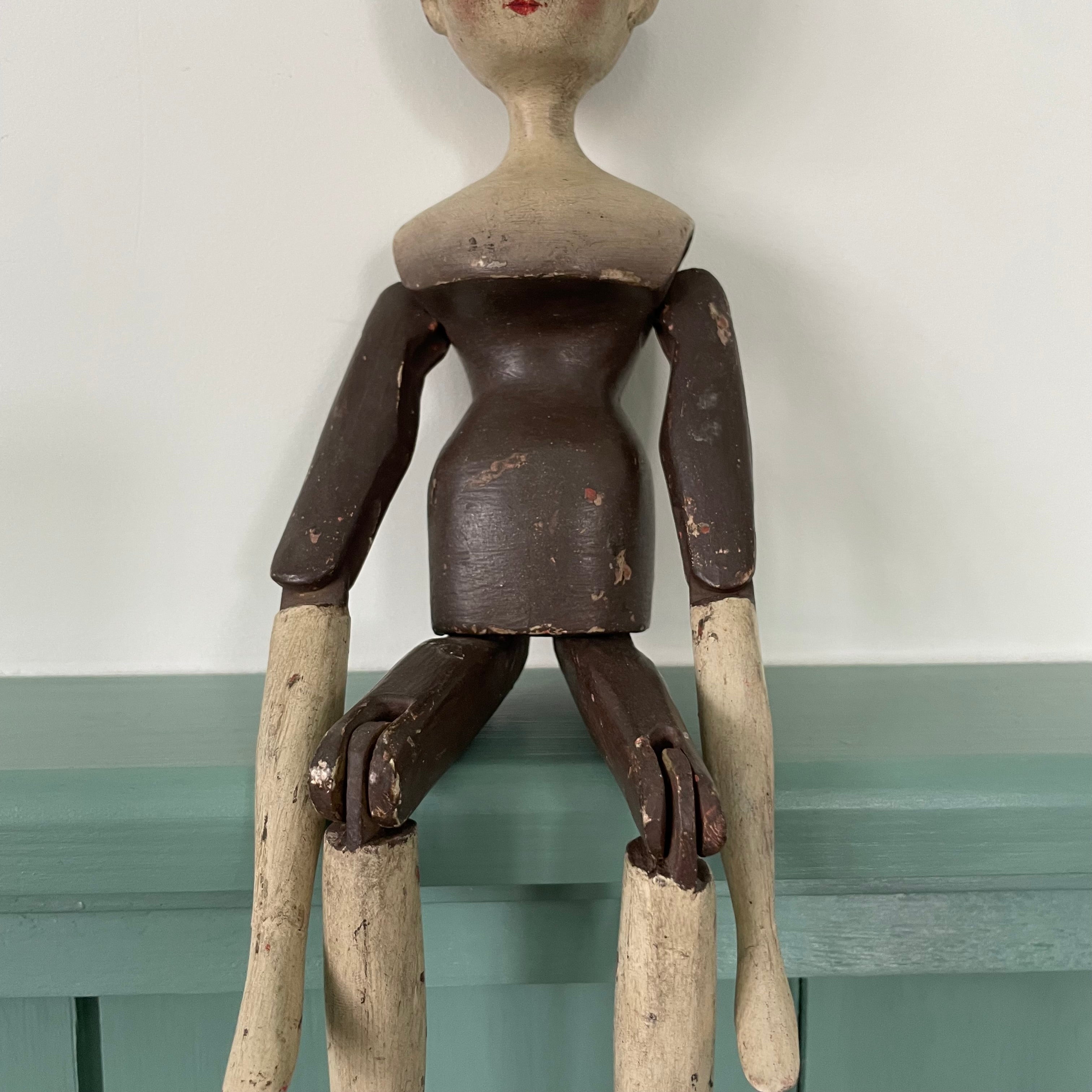 19th Century Grodnertal Tuck Comb Wooden Doll – Hand-Painted Peg Wooden Doll