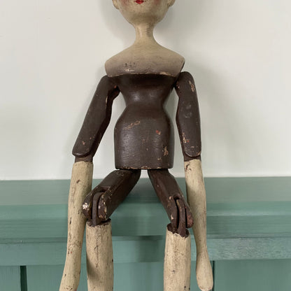 19th Century Grodnertal Tuck Comb Wooden Doll – Hand-Painted Peg Wooden Doll
