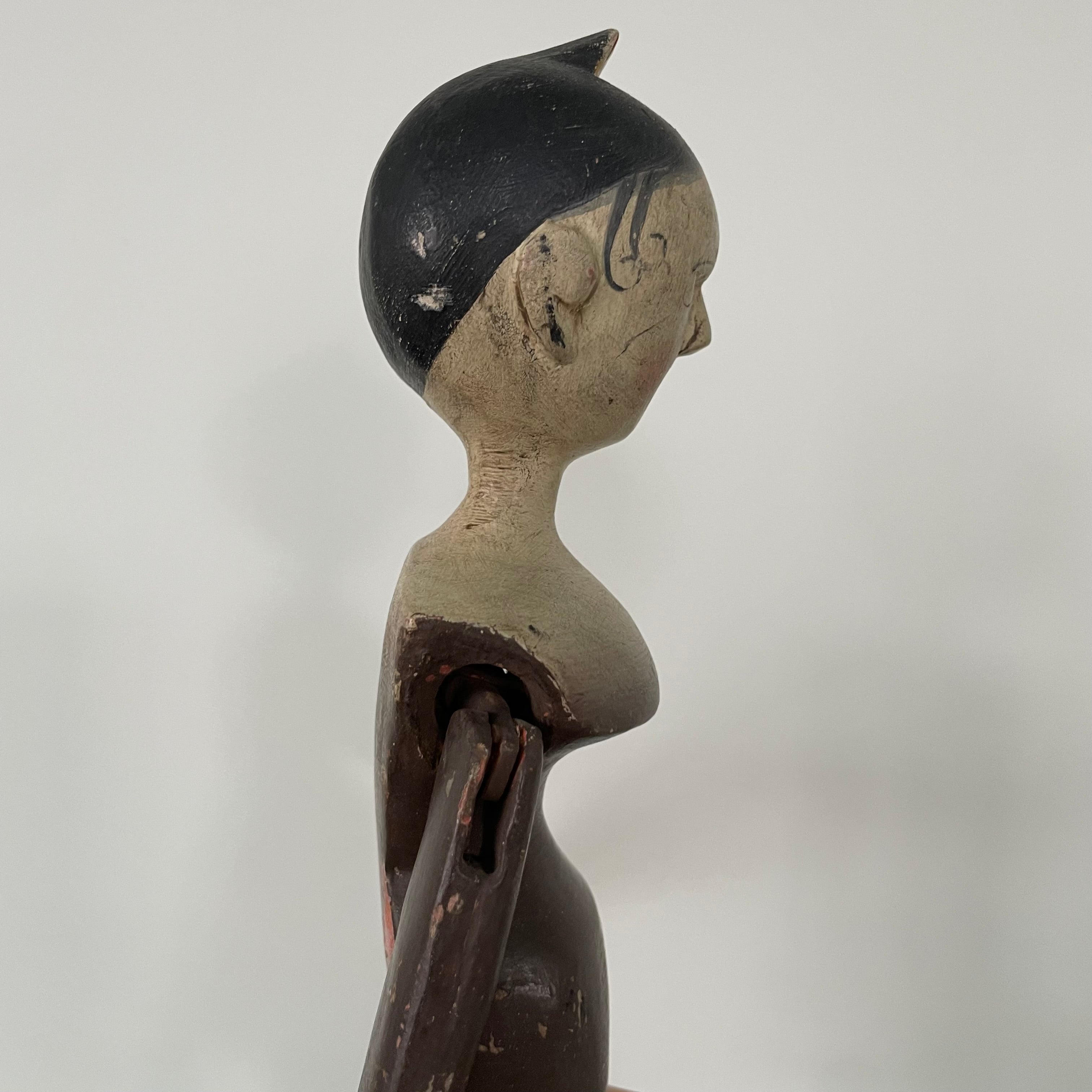 19th Century Grodnertal Tuck Comb Wooden Doll – Hand-Painted Peg Wooden Doll