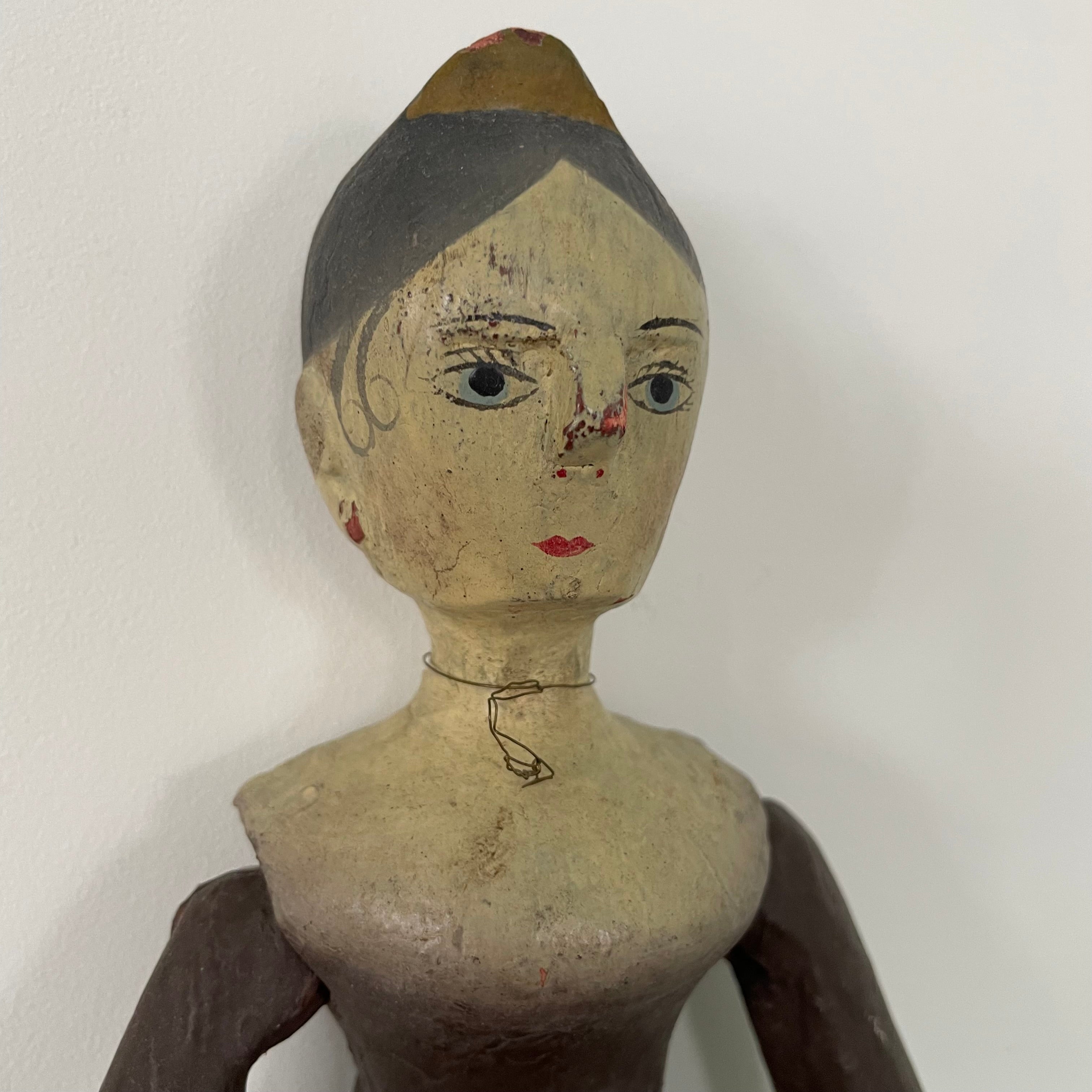 19th Century Grodnertal Tuck Comb Wooden Doll – Hand-Painted Peg Wooden Doll