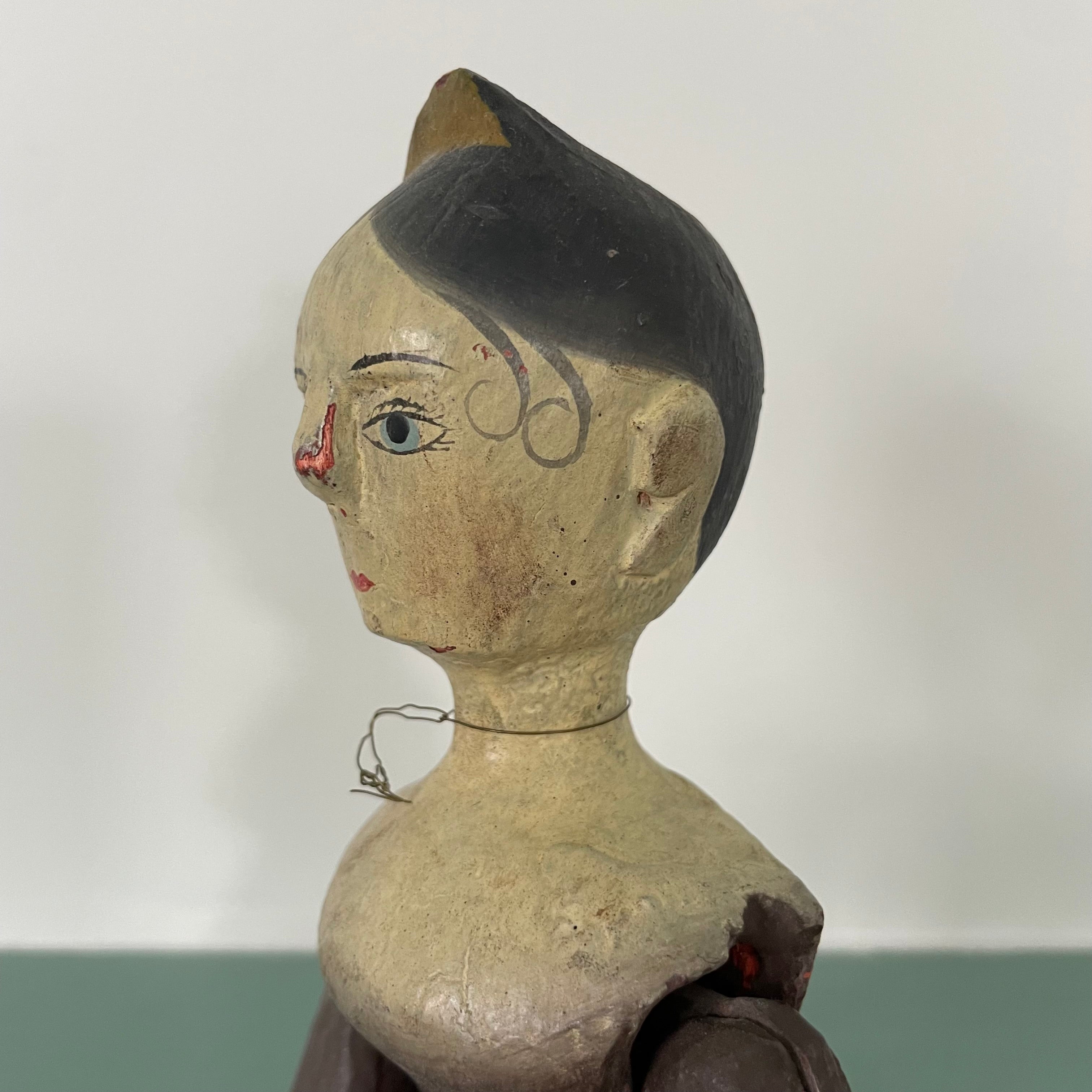 19th Century Grodnertal Tuck Comb Wooden Doll – Hand-Painted Peg Wooden Doll