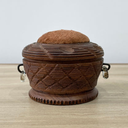 19th Century Carved Treen Pin Cushion with Glass Ring Detail