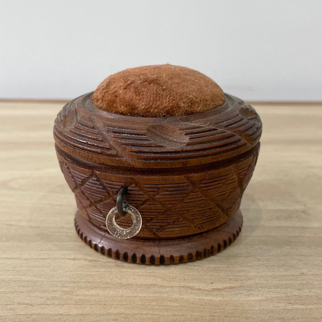 19th Century Carved Treen Pin Cushion with Glass Ring Detail