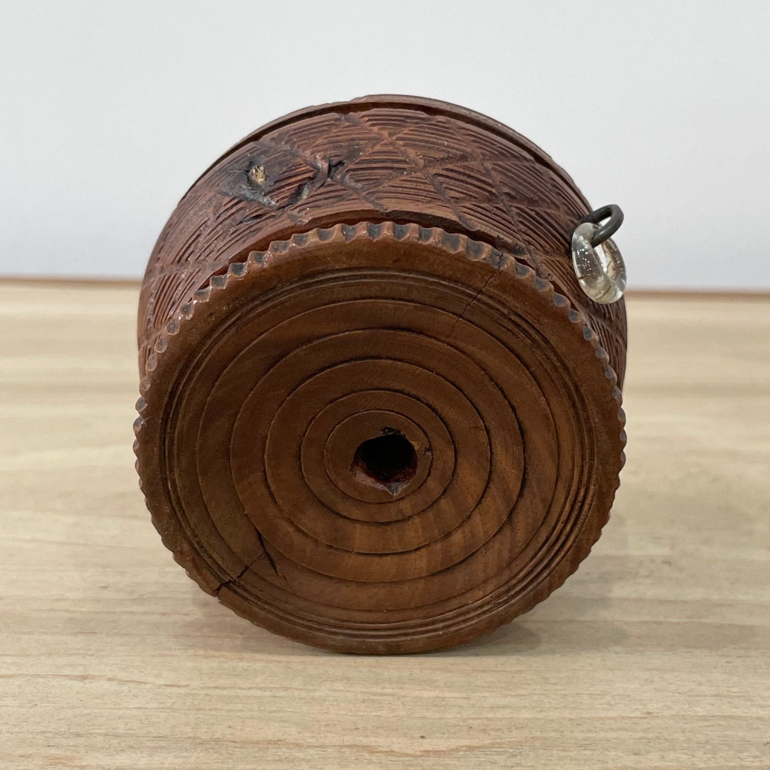 19th Century Carved Treen Pin Cushion with Glass Ring Detail