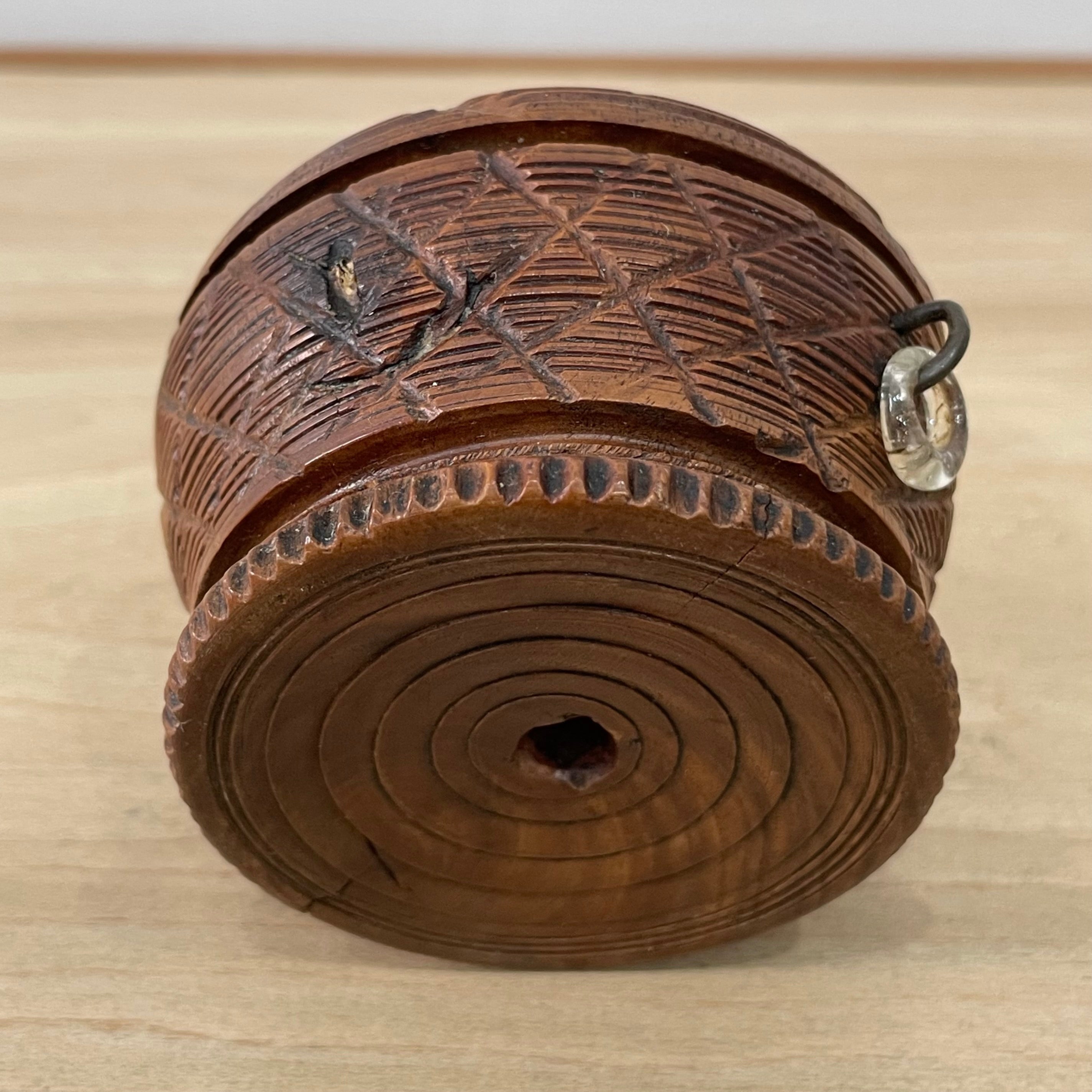 19th Century Carved Treen Pin Cushion with Glass Ring Detail