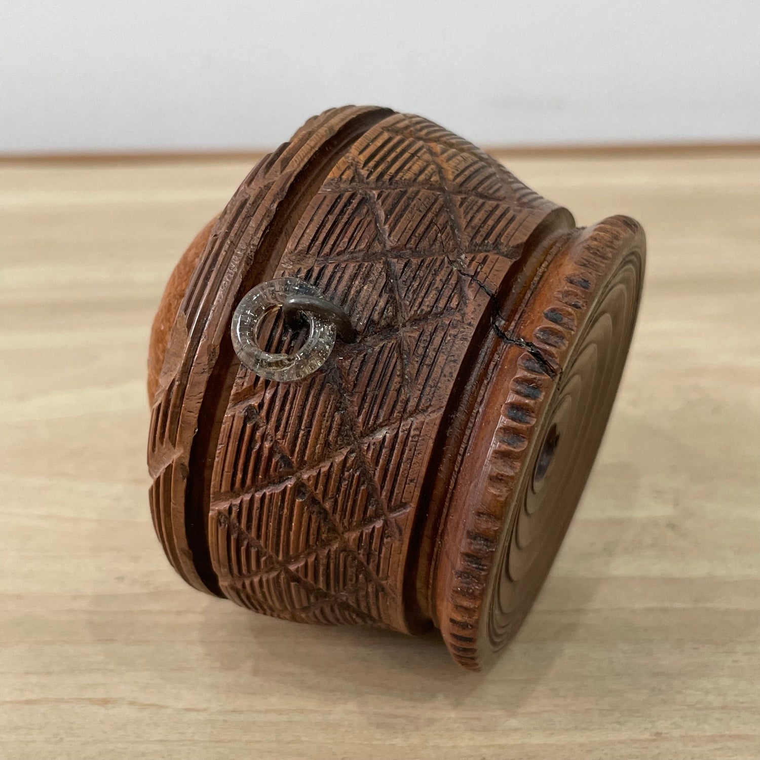 19th Century Carved Treen Pin Cushion with Glass Ring Detail