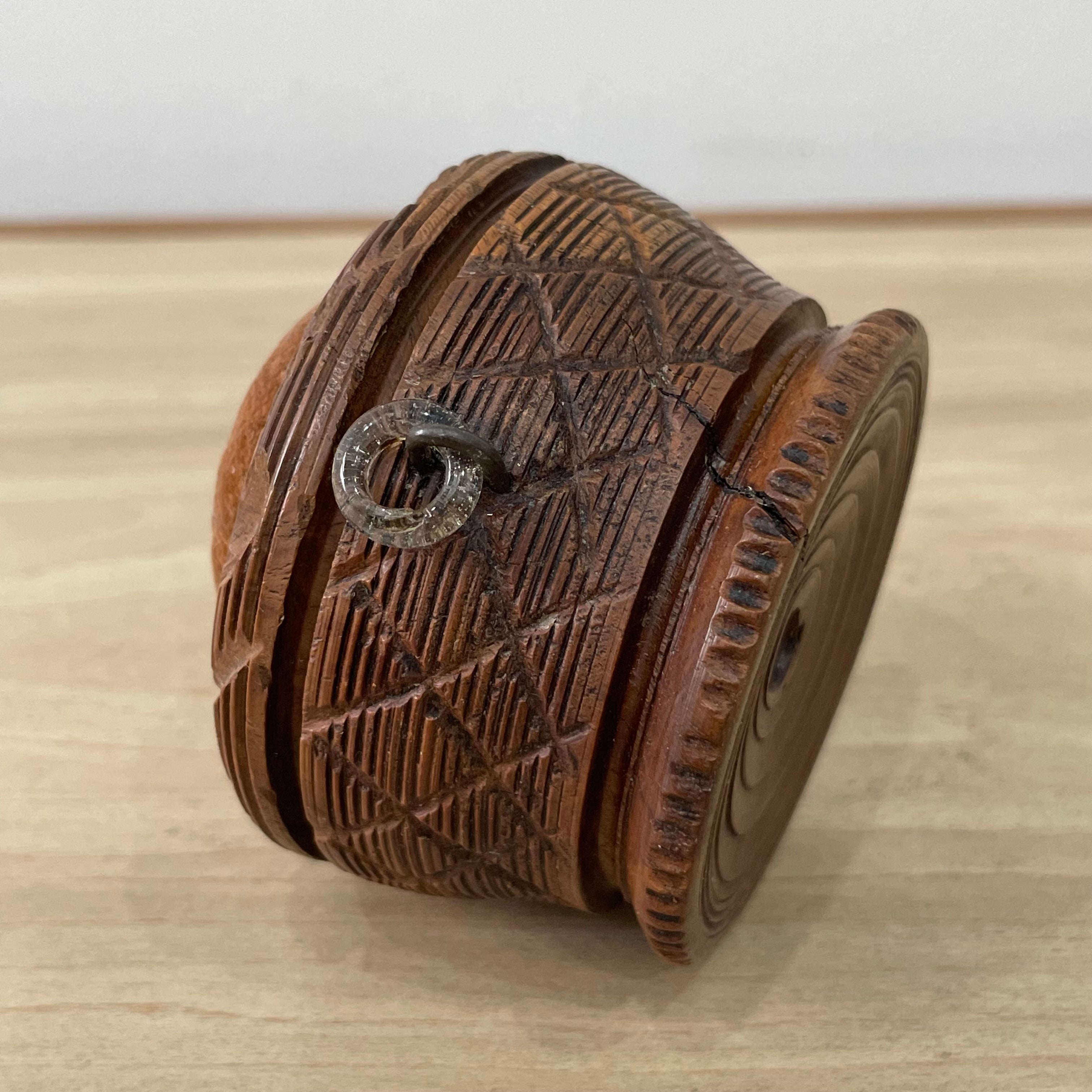 19th Century Carved Treen Pin Cushion with Glass Ring Detail
