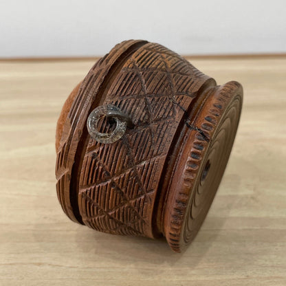 19th Century Carved Treen Pin Cushion with Glass Ring Detail