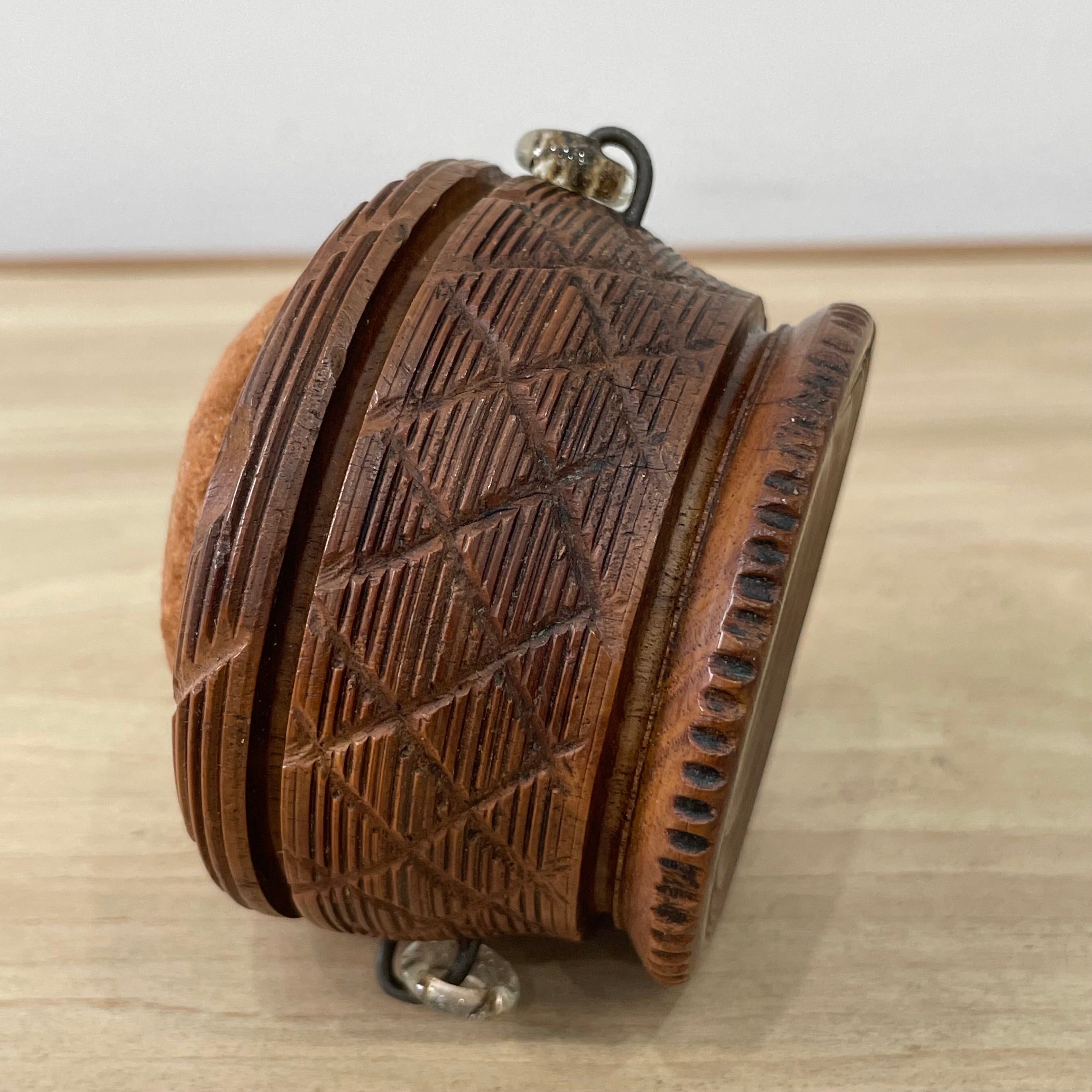 19th Century Carved Treen Pin Cushion with Glass Ring Detail