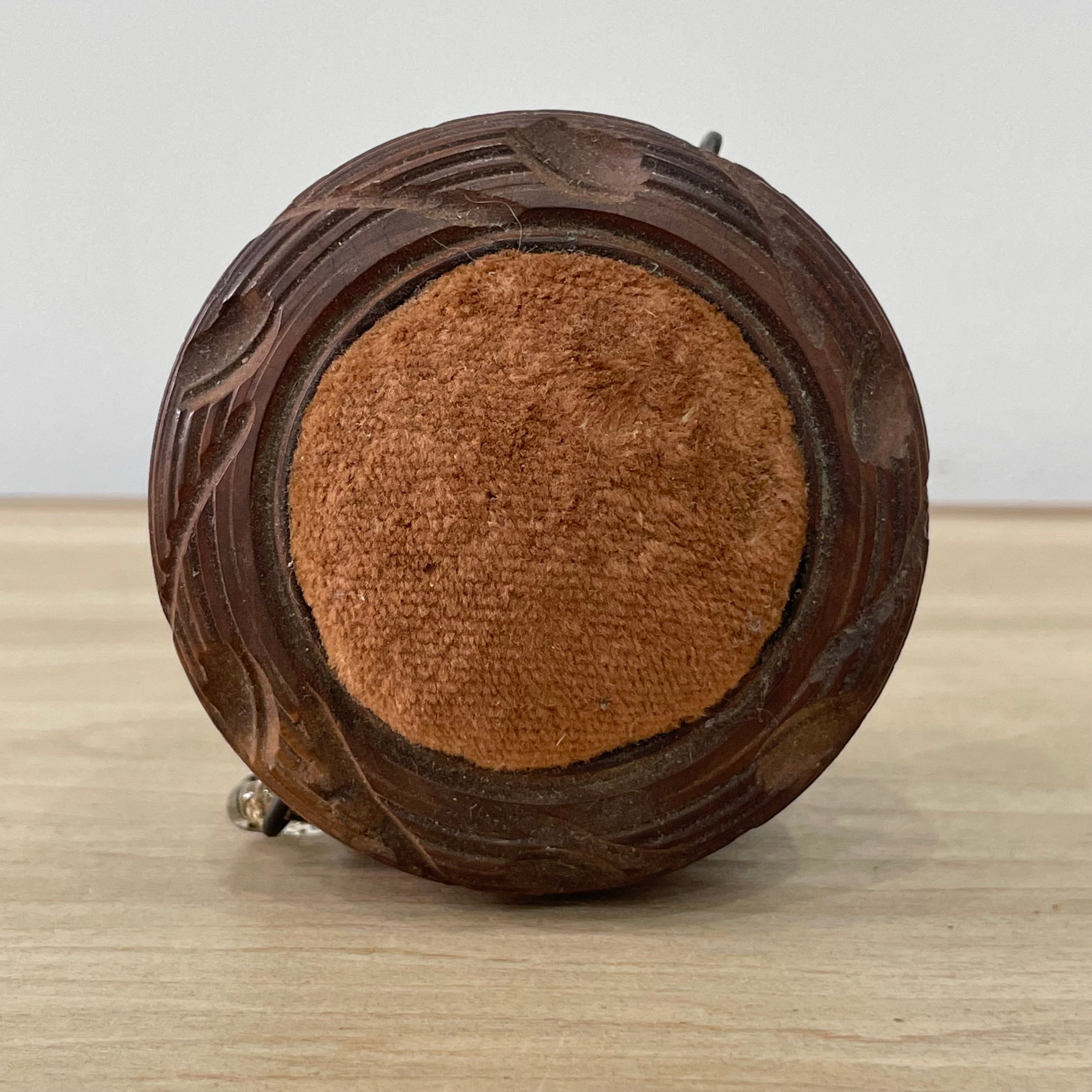 19th Century Carved Treen Pin Cushion with Glass Ring Detail