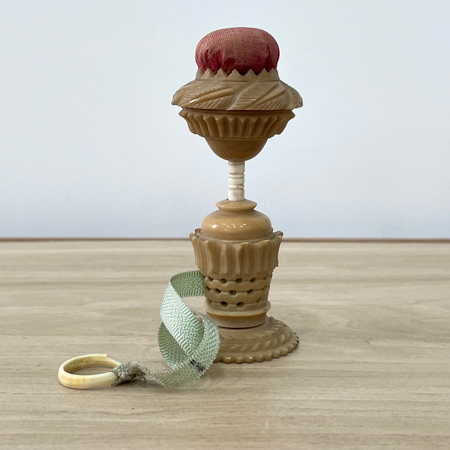 19th Century Tagua Nut Pin Cushion &amp; Ribbon Tape Measure