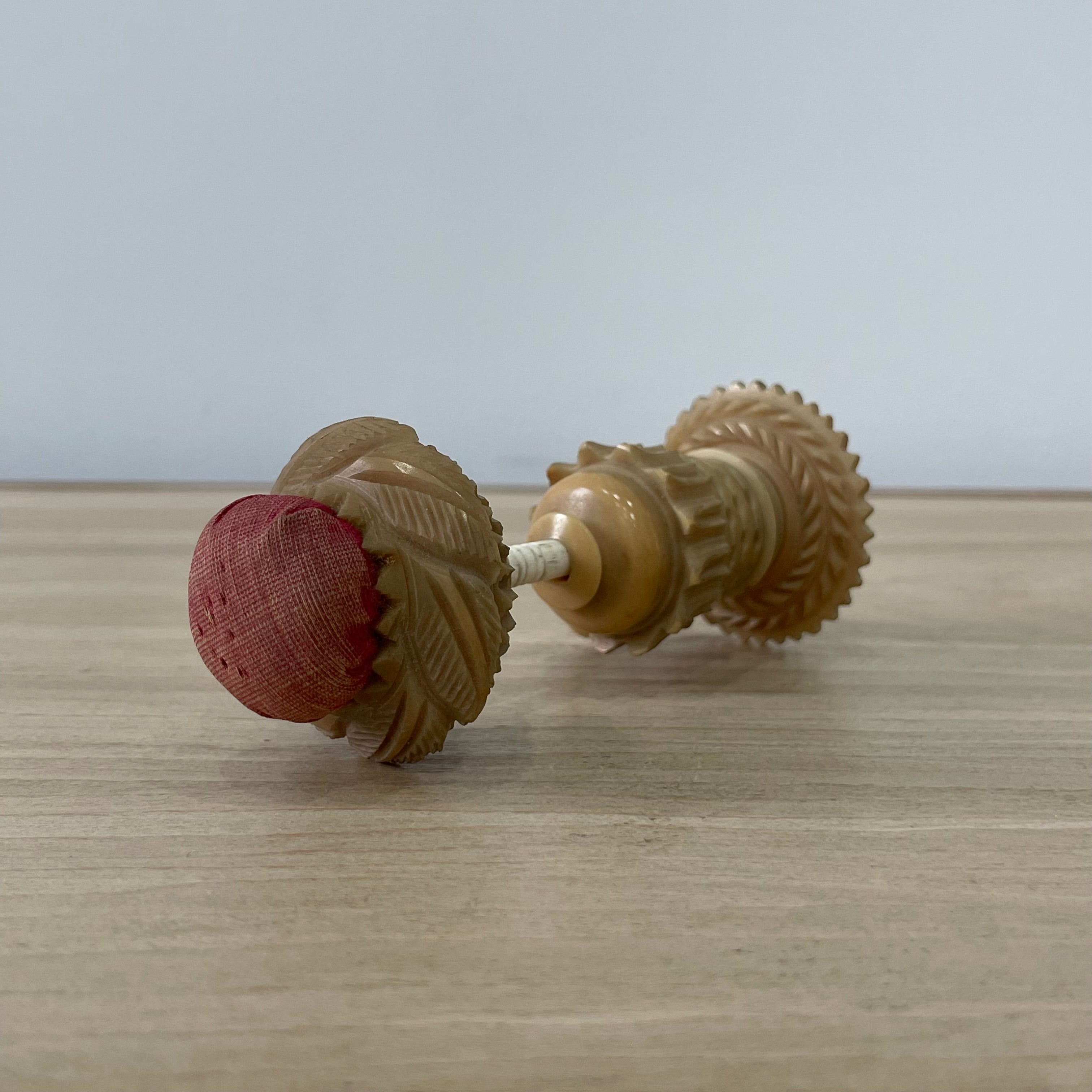 19th Century Tagua Nut Pin Cushion &amp; Ribbon Tape Measure