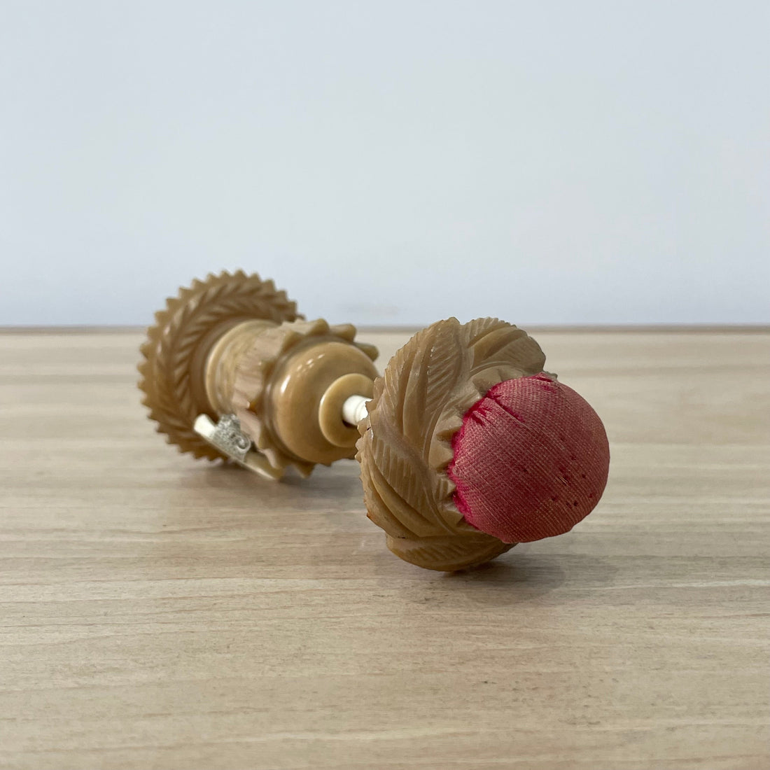 19th Century Tagua Nut Pin Cushion &amp; Ribbon Tape Measure