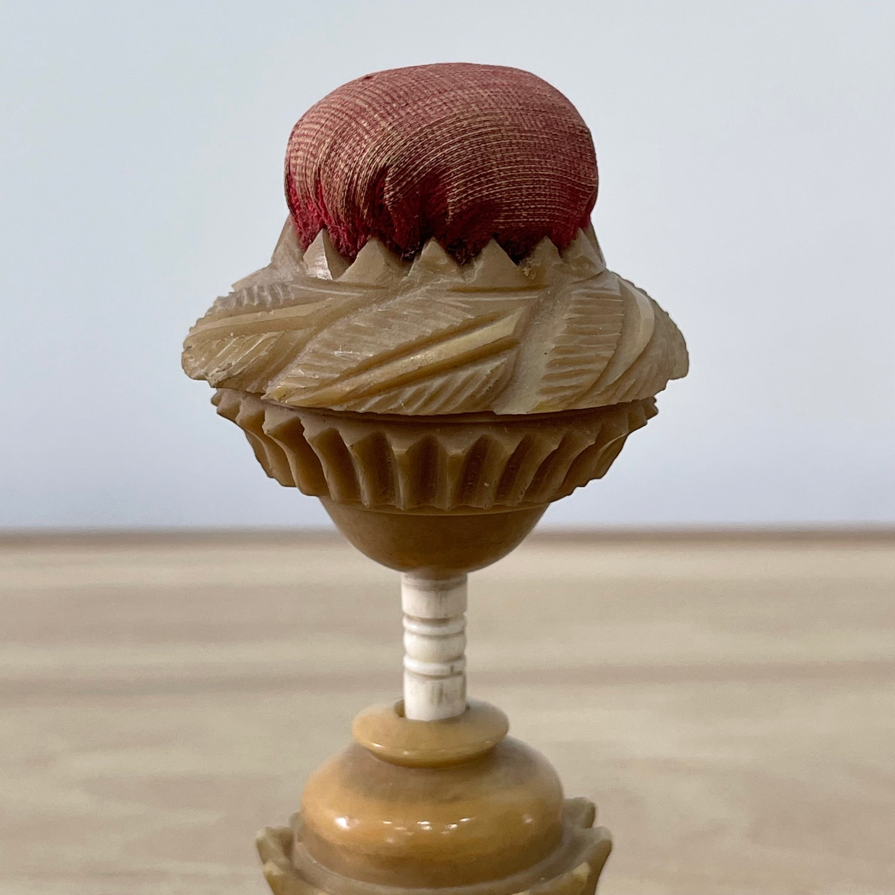 19th Century Tagua Nut Pin Cushion &amp; Ribbon Tape Measure