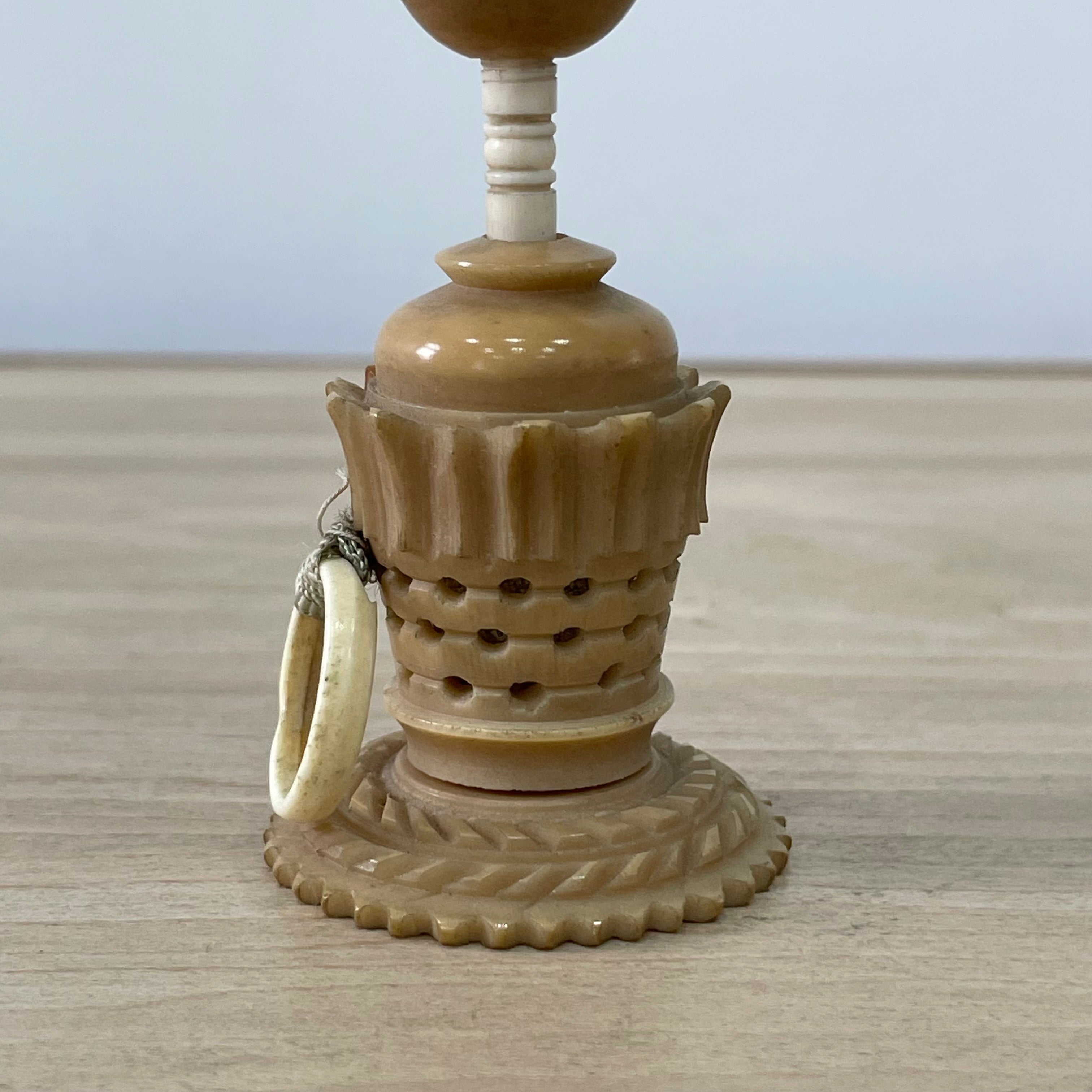 19th Century Tagua Nut Pin Cushion &amp; Ribbon Tape Measure