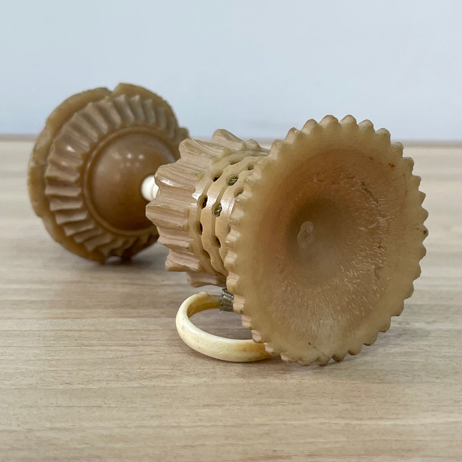 19th Century Tagua Nut Pin Cushion &amp; Ribbon Tape Measure