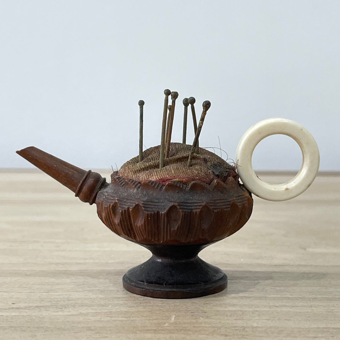 19th Century Treen Teapot Pin Cushion with Bone Handle &amp; Antique Pins