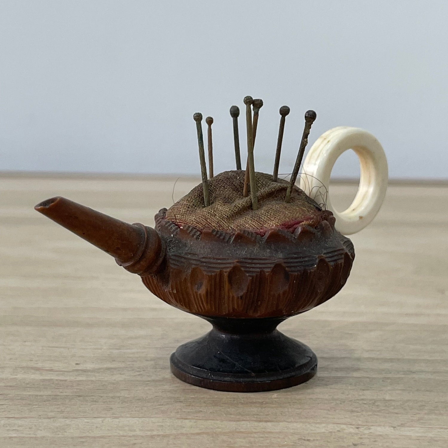 19th Century Treen Teapot Pin Cushion with Bone Handle &amp; Antique Pins
